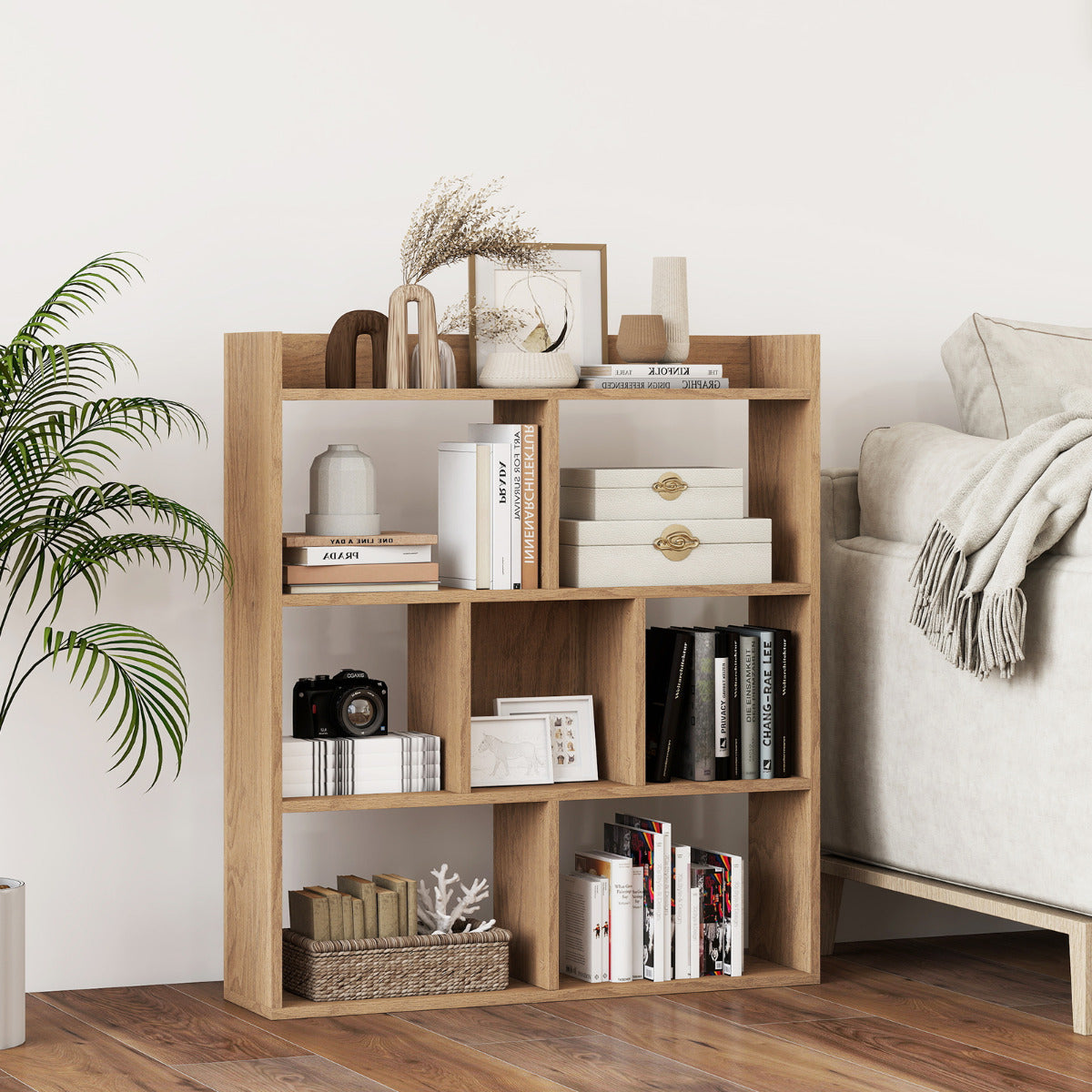 Estante Aberta de 7 Cubos em Madeira com Dispositivos Antivuelco Organizador de Chão para Quarto Sala de Estar Natural