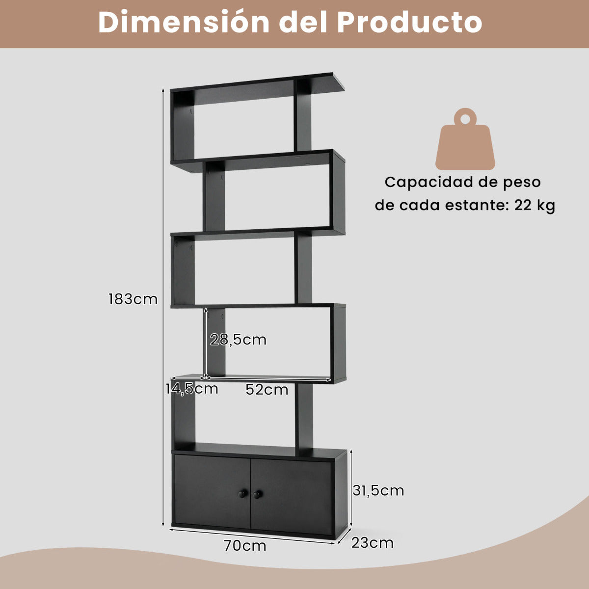 Estantería Moderna em Forma de S com 6 Níveis e Armário Decorativo para Sala de Estar ou Escritório 70 x 23 x 183 cm Preto