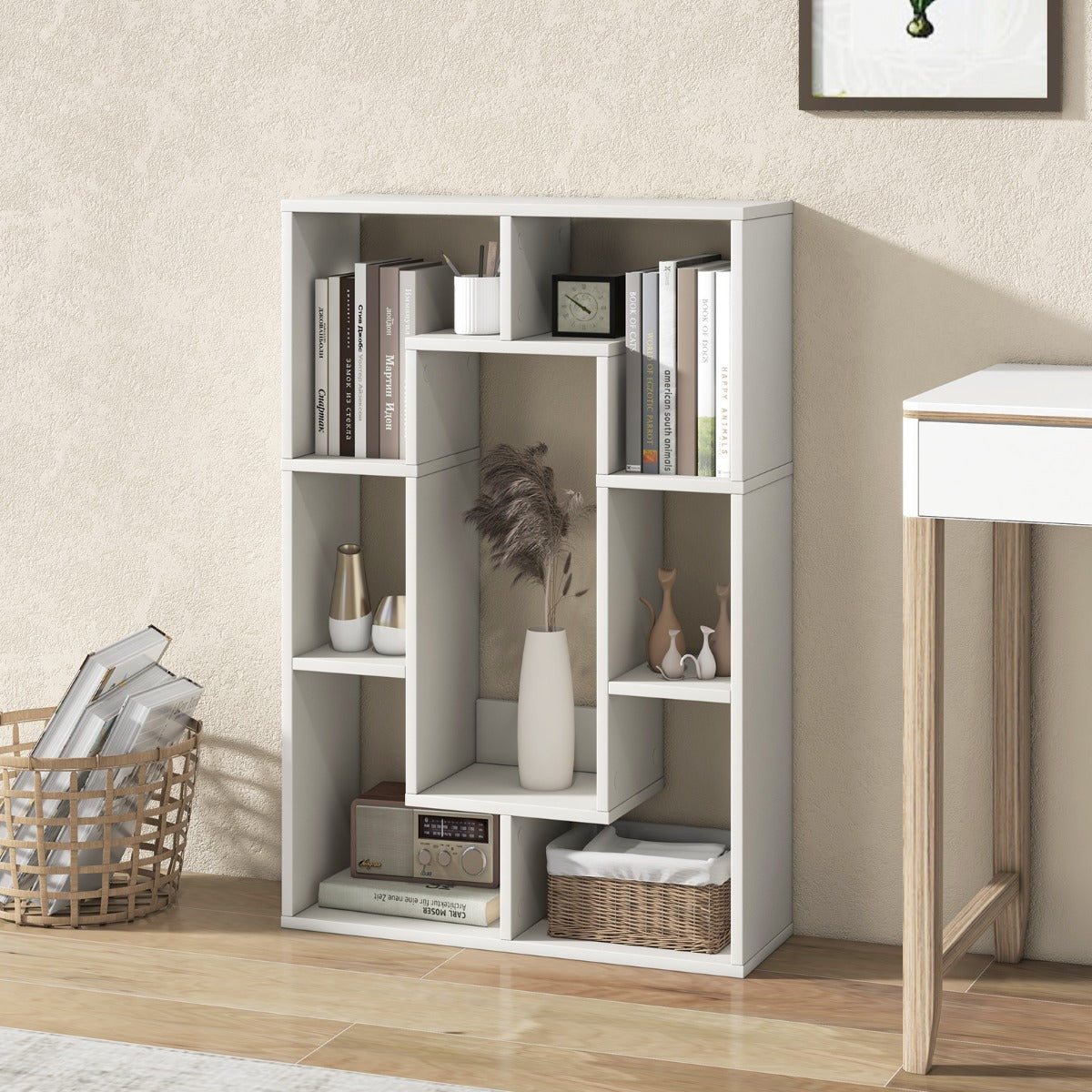 Estantería Geométrica de 7 Cubos Estante Decorativo de Esquina Librería de Pie con Dispositivo Antivuelco 60 x 20 x 90 cm -Blanco