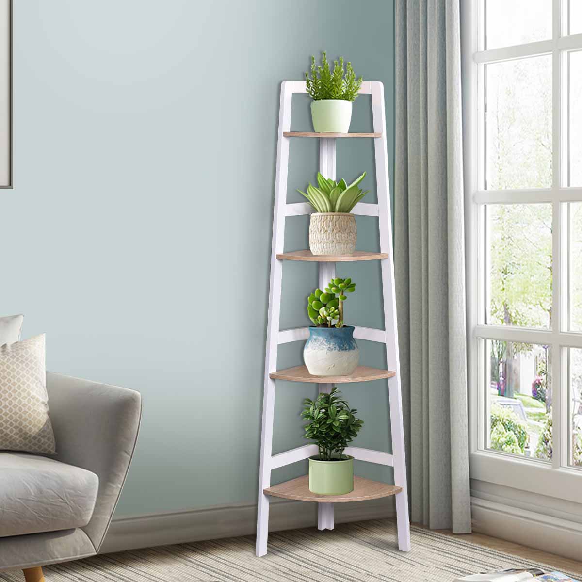Estante de 4 Níveis em Madeira para Plantas e Livros - Branco 32 x 32 x 138 cm