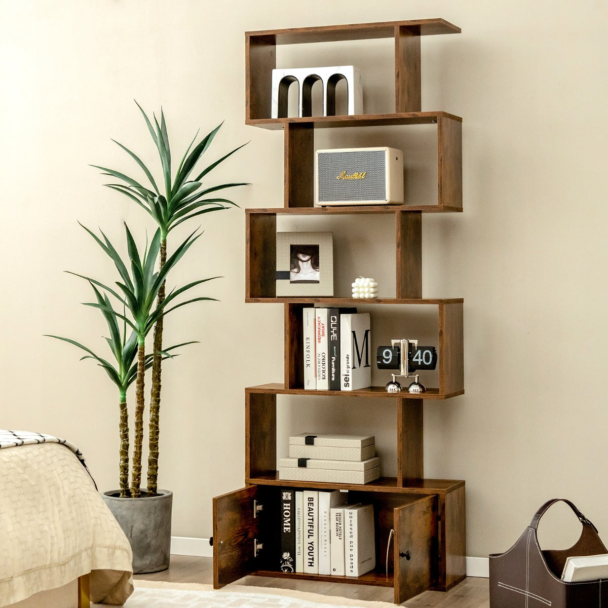 Estantería em Forma de S de 6 Níveis com Armário Estantes Decorativos para Sala Escritório 70 x 23 x 183 cm Café