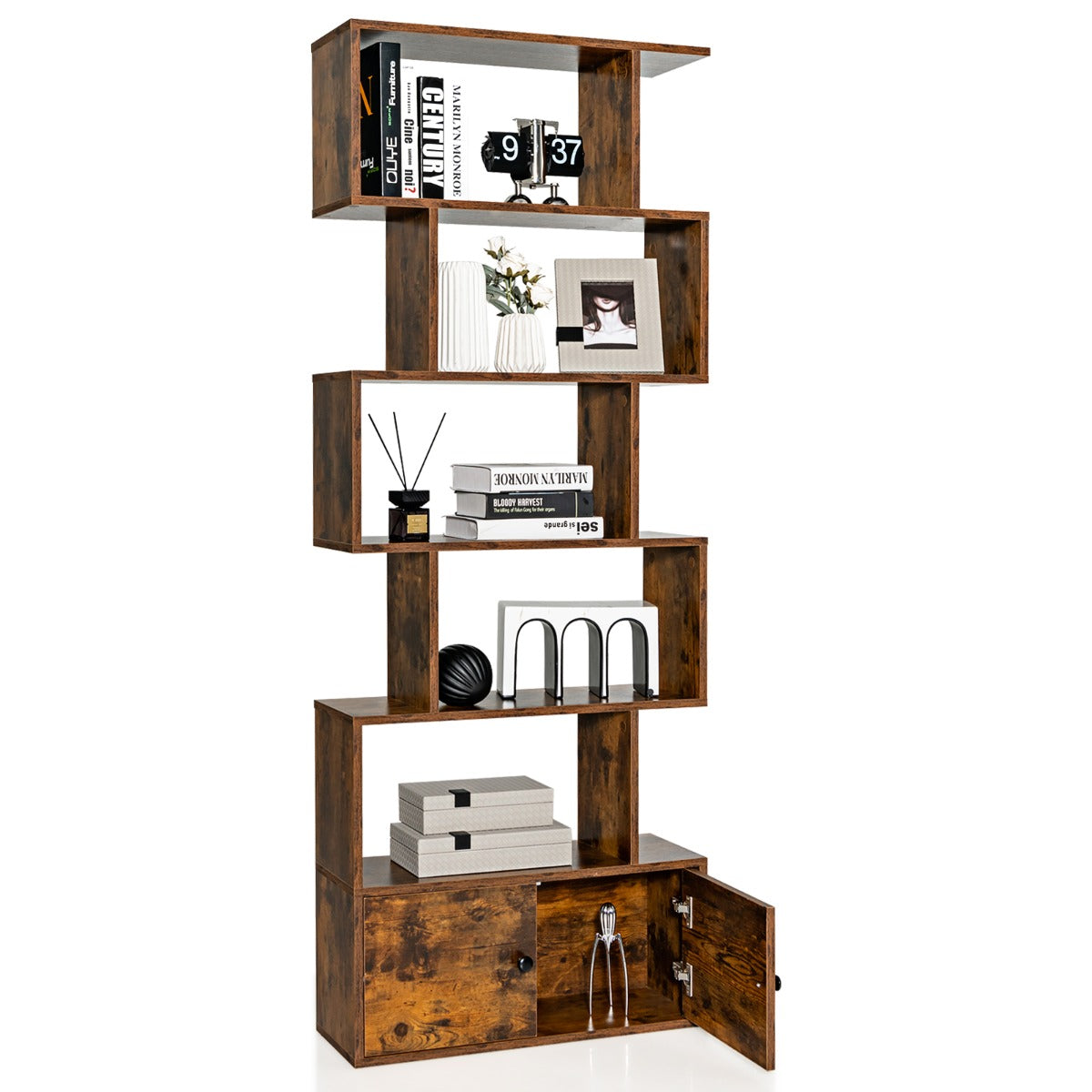 Estantería em Forma de S de 6 Níveis com Armário Estantes Decorativos para Sala Escritório 70 x 23 x 183 cm Café