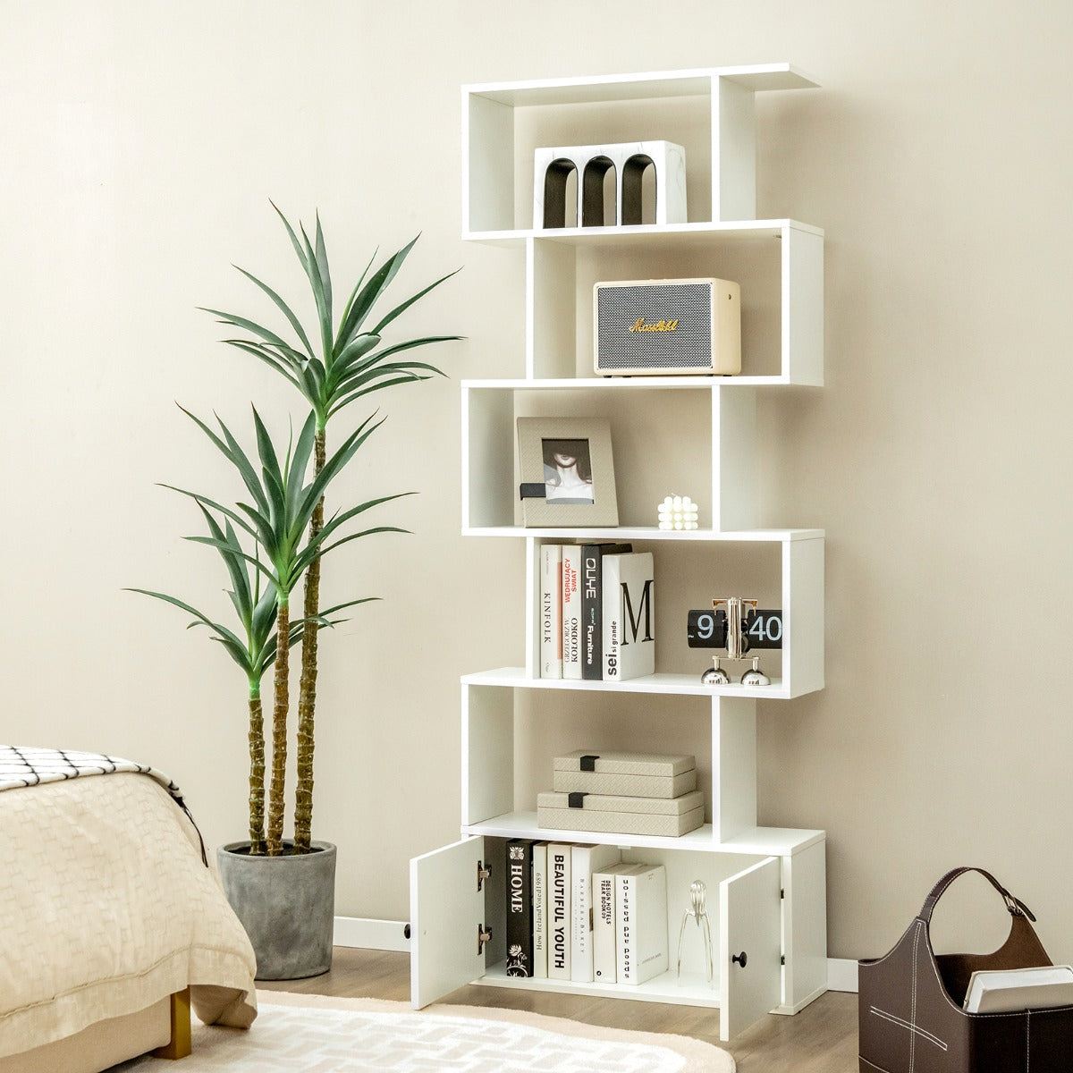 Estantería em Forma de S de 6 Níveis com Armário Estantes Decorativos para Sala Escritório 70 x 23 x 183 cm Branco
