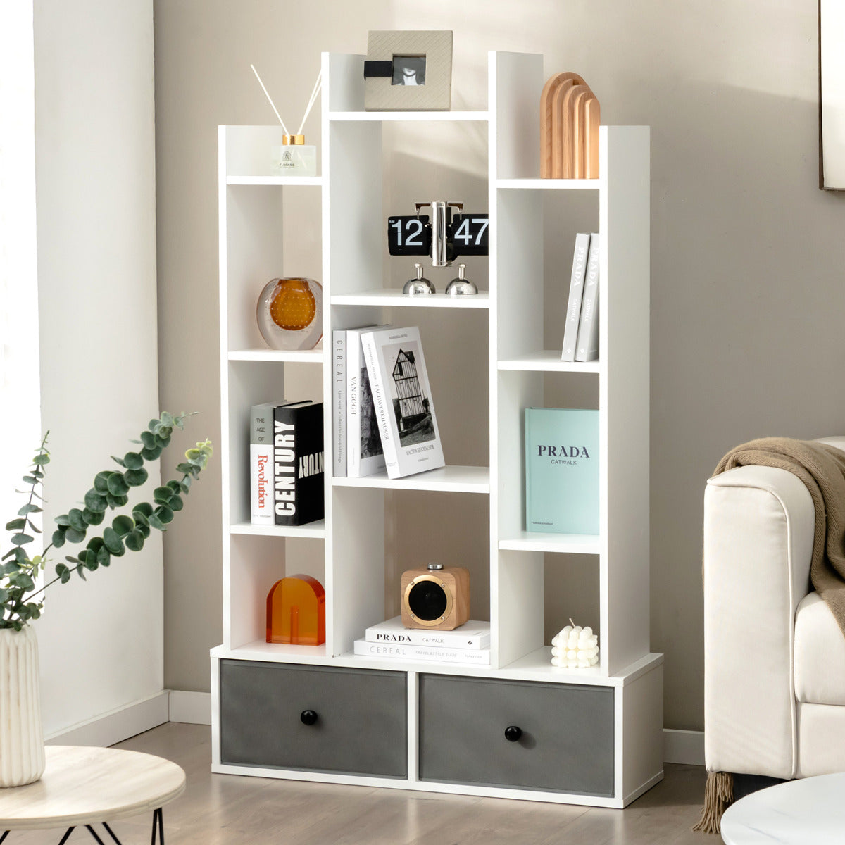 Estantería de 12 Niveles con Cajón Librería 12 Compartimentos Estante de Exhibición para Estudio Salón Dormitorio 80 x 24 x 132 cm Blanco