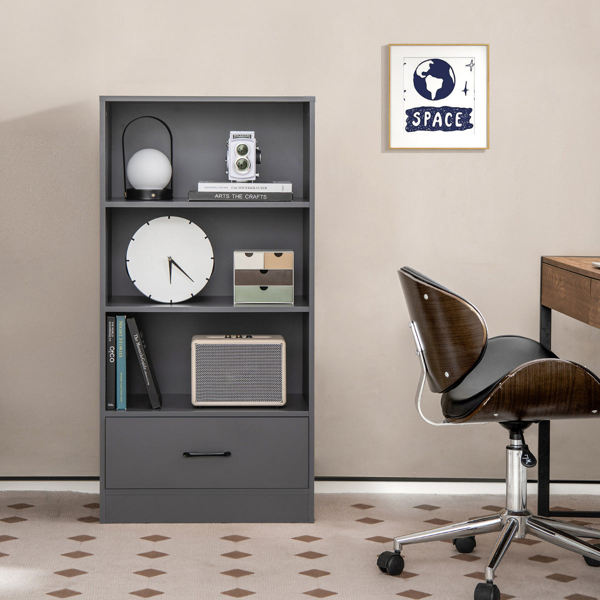 Estantería de 4 Niveles con Cajón de Almacenamiento Dispositivo Antivuelco Abierta Independiente para Estudio Salón 60 x 38 x 120 cm Gris