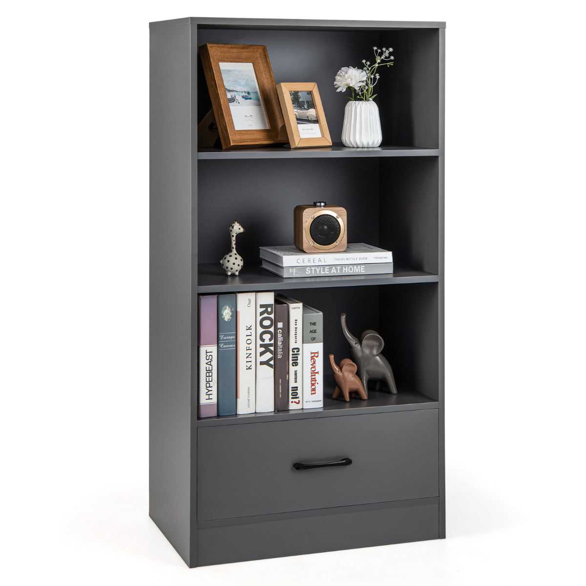 Estantería de 4 Niveles con Cajón de Almacenamiento Dispositivo Antivuelco Abierta Independiente para Estudio Salón 60 x 38 x 120 cm Gris