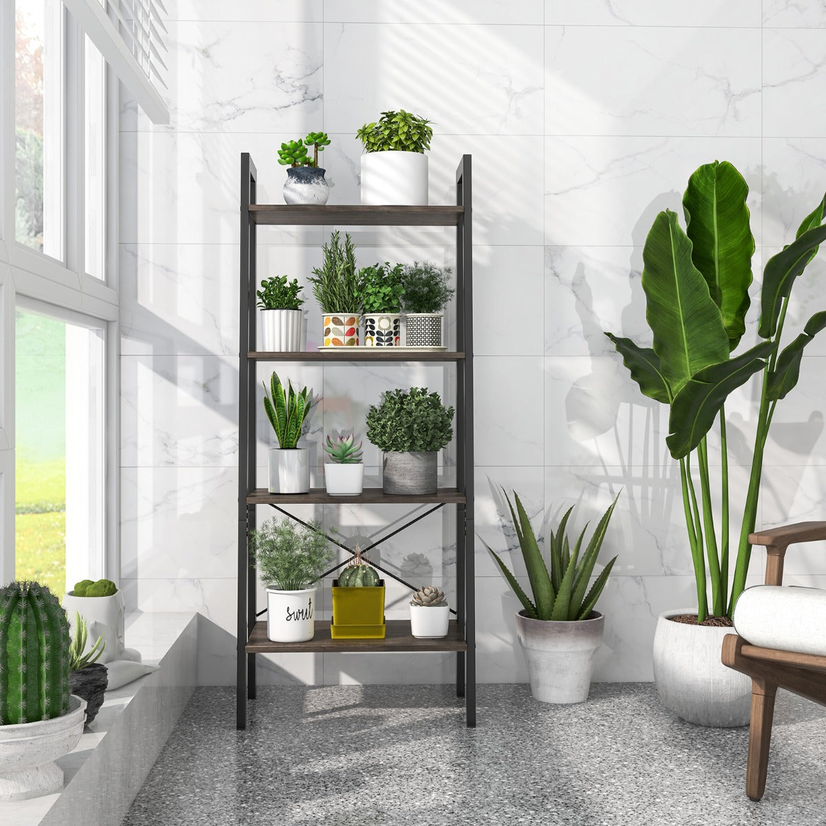 Estantería de Escada de 4 Níveis para Escritório Livraria Industrial com Estrutura de Metal Estante para Plantas 56 x 34 x 138 cm Cinza