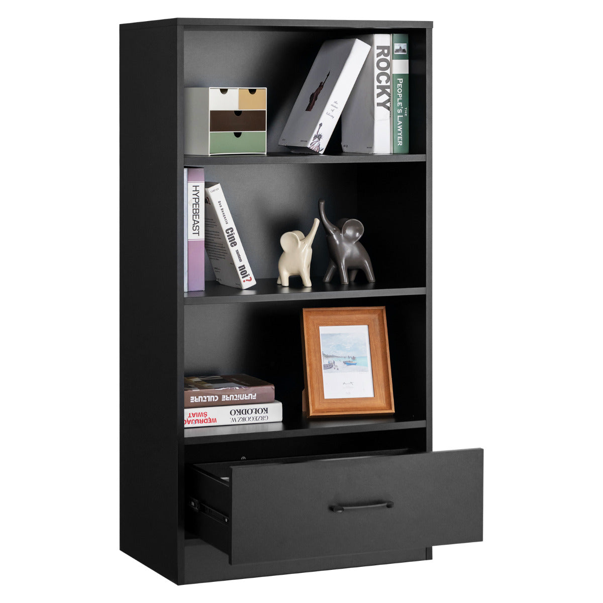 Estantería de 4 Niveles con Cajón de Almacenamiento Dispositivo Antivuelco Abierta Independiente para Estudio Salón 60 x 38 x 120 cm Negro