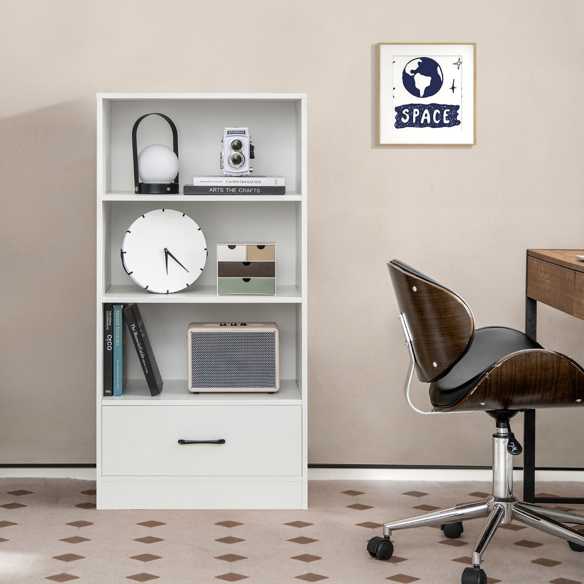 Estante de 4 Níveis com Gaveta – 60 x 38 x 120 cm – Branco – MDF