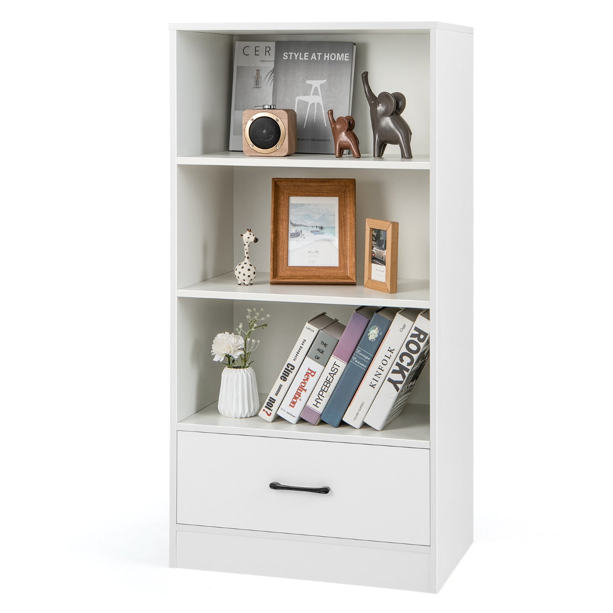 Estante de 4 Níveis com Gaveta – 60 x 38 x 120 cm – Branco – MDF
