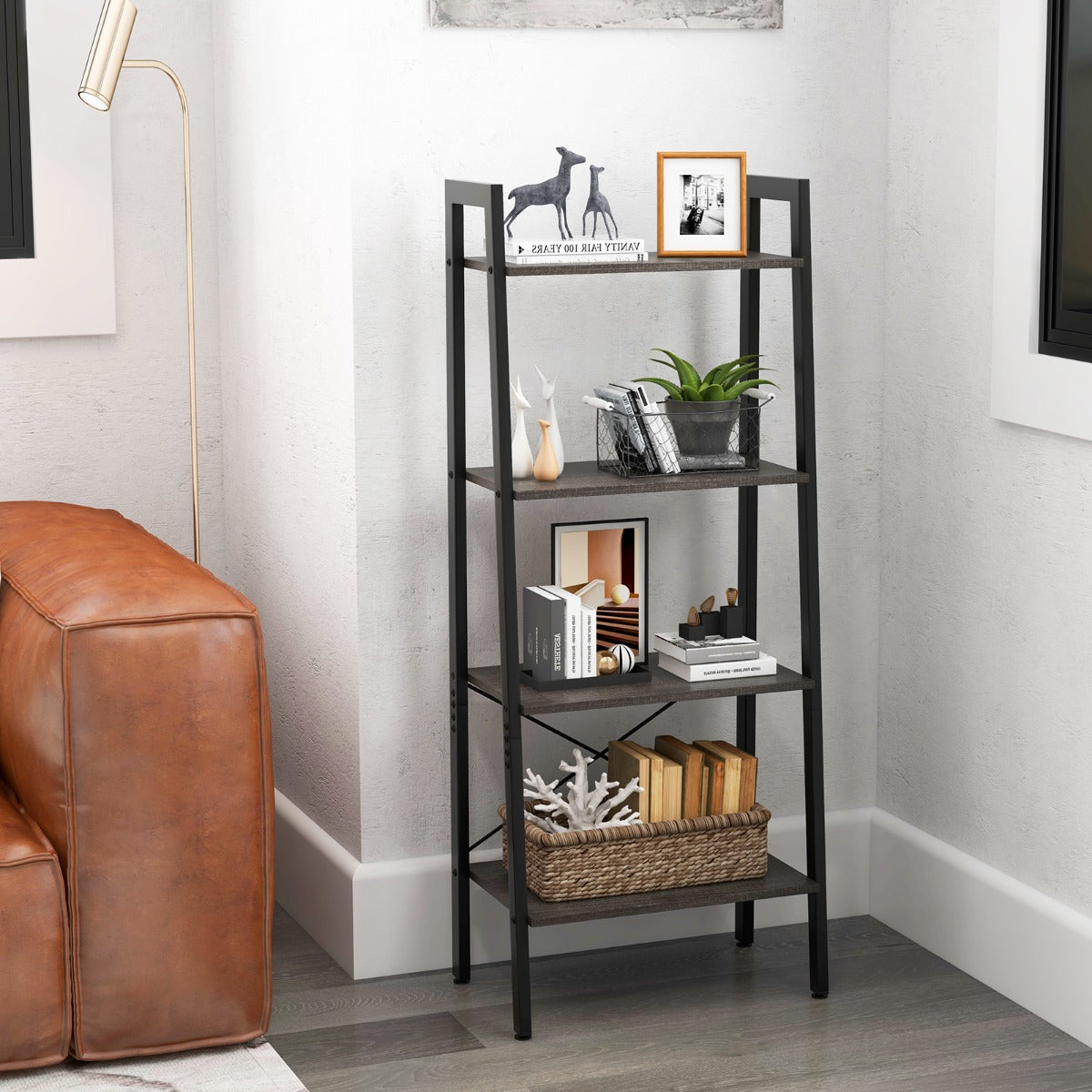 Estantería de 4 Níveis em Forma de Escada para Livraria Industrial com Estrutura de Metal Estante para Plantas 56 x 34 x 138 cm Castanho Escuro
