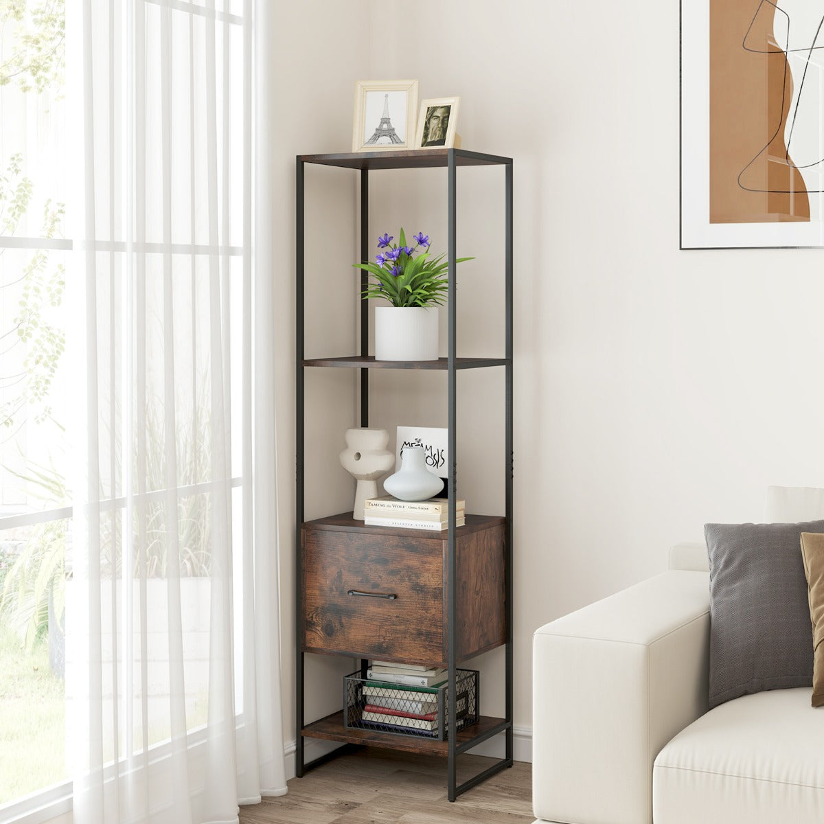 Estantería de 5 Niveles con Cajón Librería Alto y Estrecho