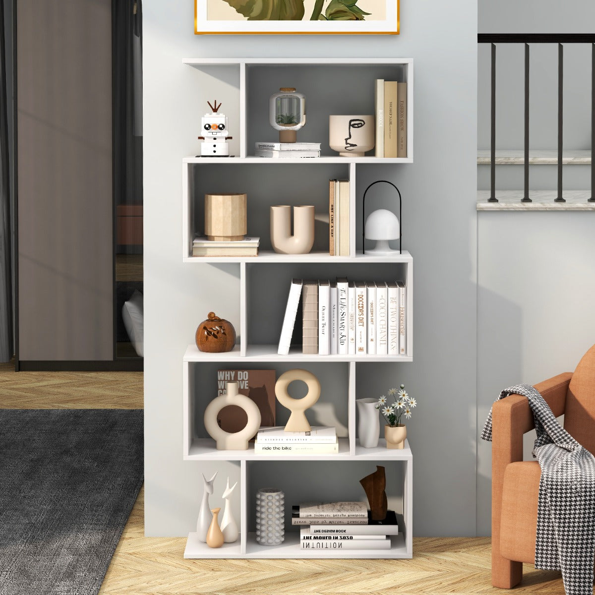 Estantería de 5 Niveles em Forma de S com Dispositivo Antivuelco Separador de Ambientes Independente 70 x 23,5 x 158 cm - Branco