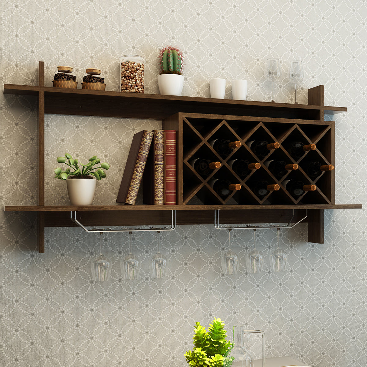 Prateleira de Cozinha com Garrafeira – 120 x 58,5 x 20 cm – Preto – Madeira MDF