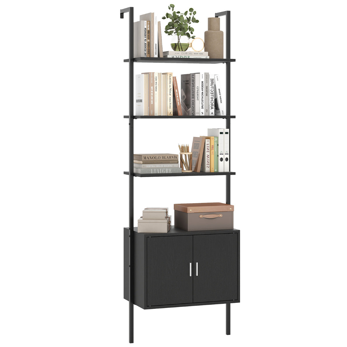 Estantería de Escalera de 184 cm de 5 Niveles con Armario - Negro