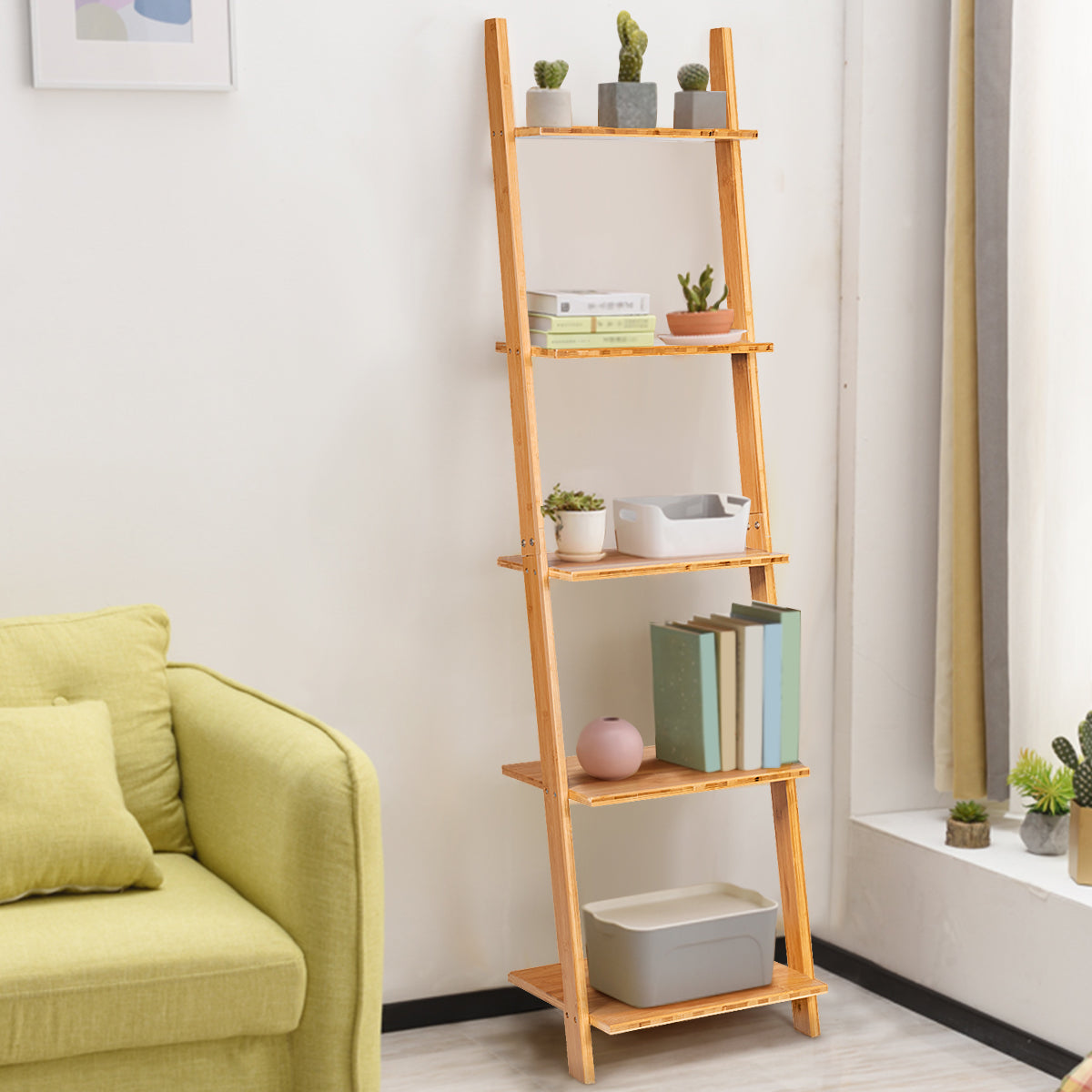 Estantería de Escalera 5 Niveles de Bambú para Salón/Cocina/Oficina