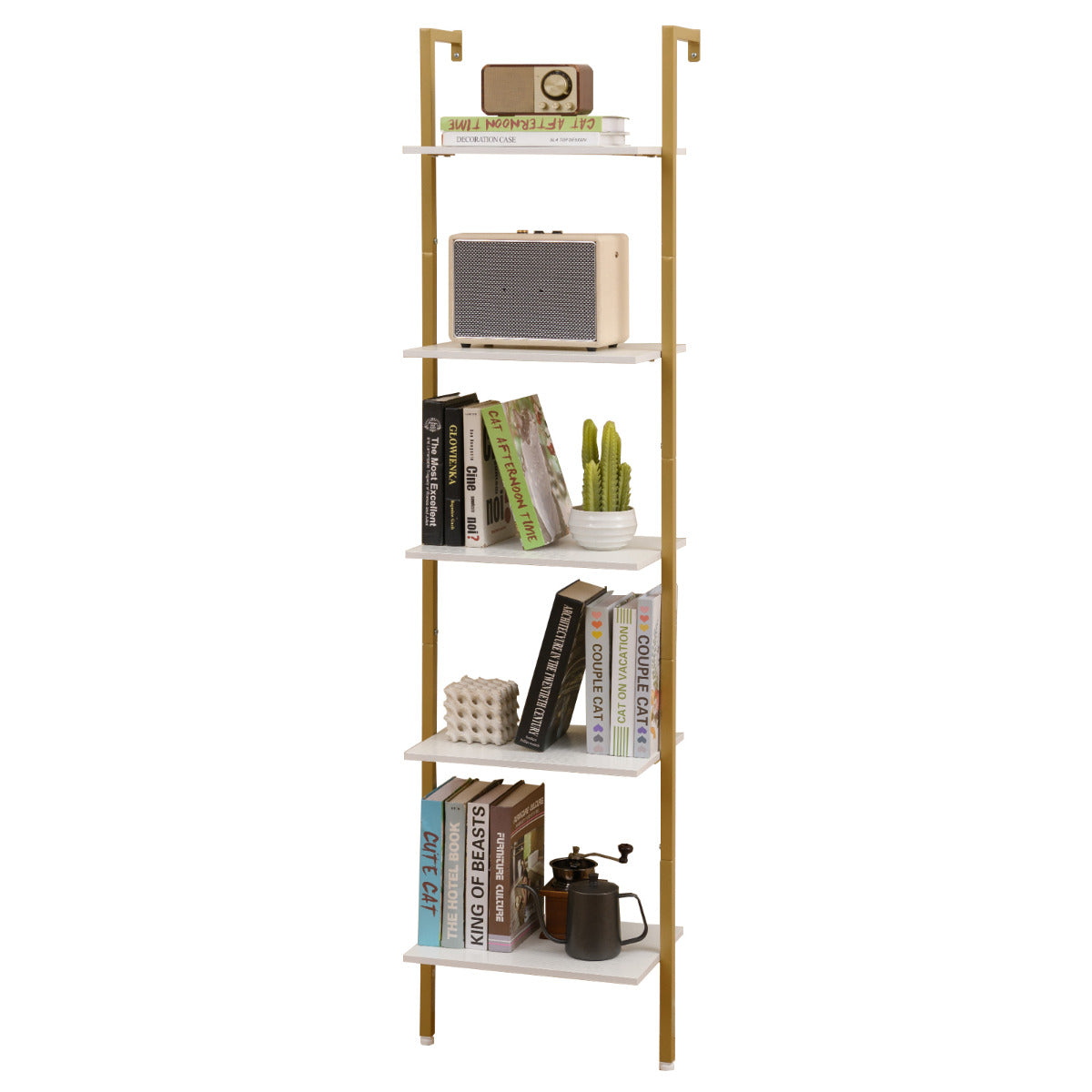 Estantería de Escalera de 5 Níveis para Montar na Parede com Kit Antivuelco e Estrutura Metálica Estante Vertical Aberta para Escritório Branca