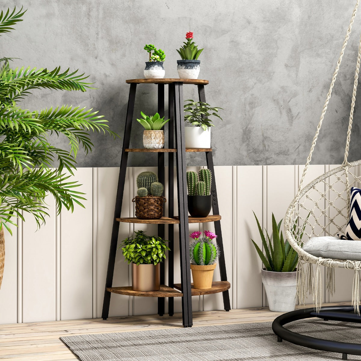 Estantería de Esquina de 4 Níveis Industrial Antivuelco Suporte para Plantas para Escritório Sala de Estar Quarto 36 x 34 x 126 cm Castanho