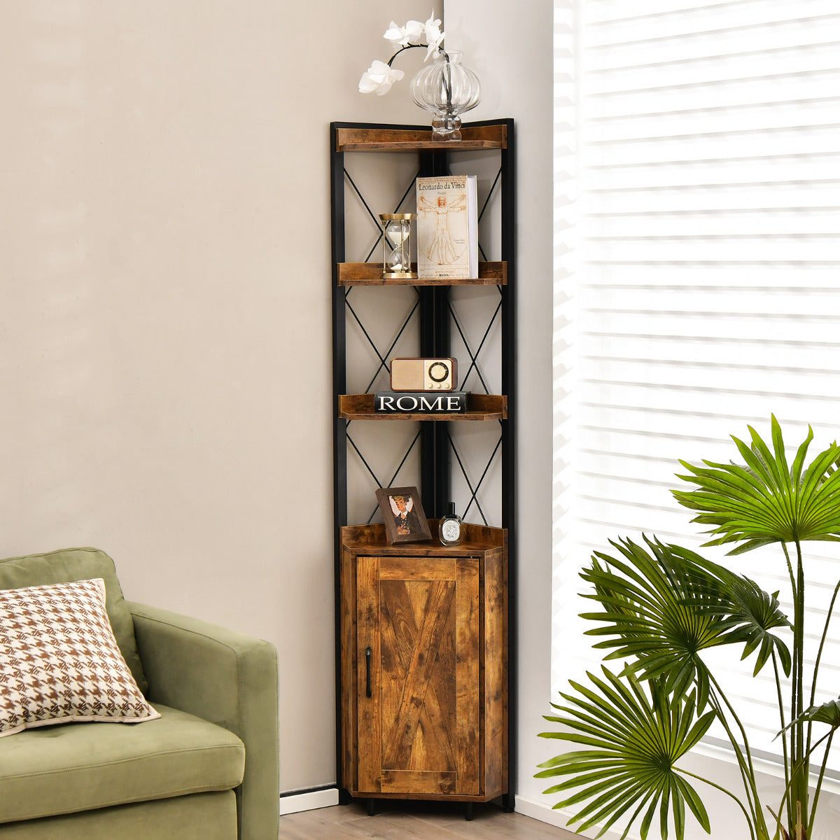 Estantería de Canto 6 Níveis Prateleira Industrial Armário com Porta Prateleiras Abertas Estrutura Metálica para Sala 48 x 32 x 180 cm Castanho