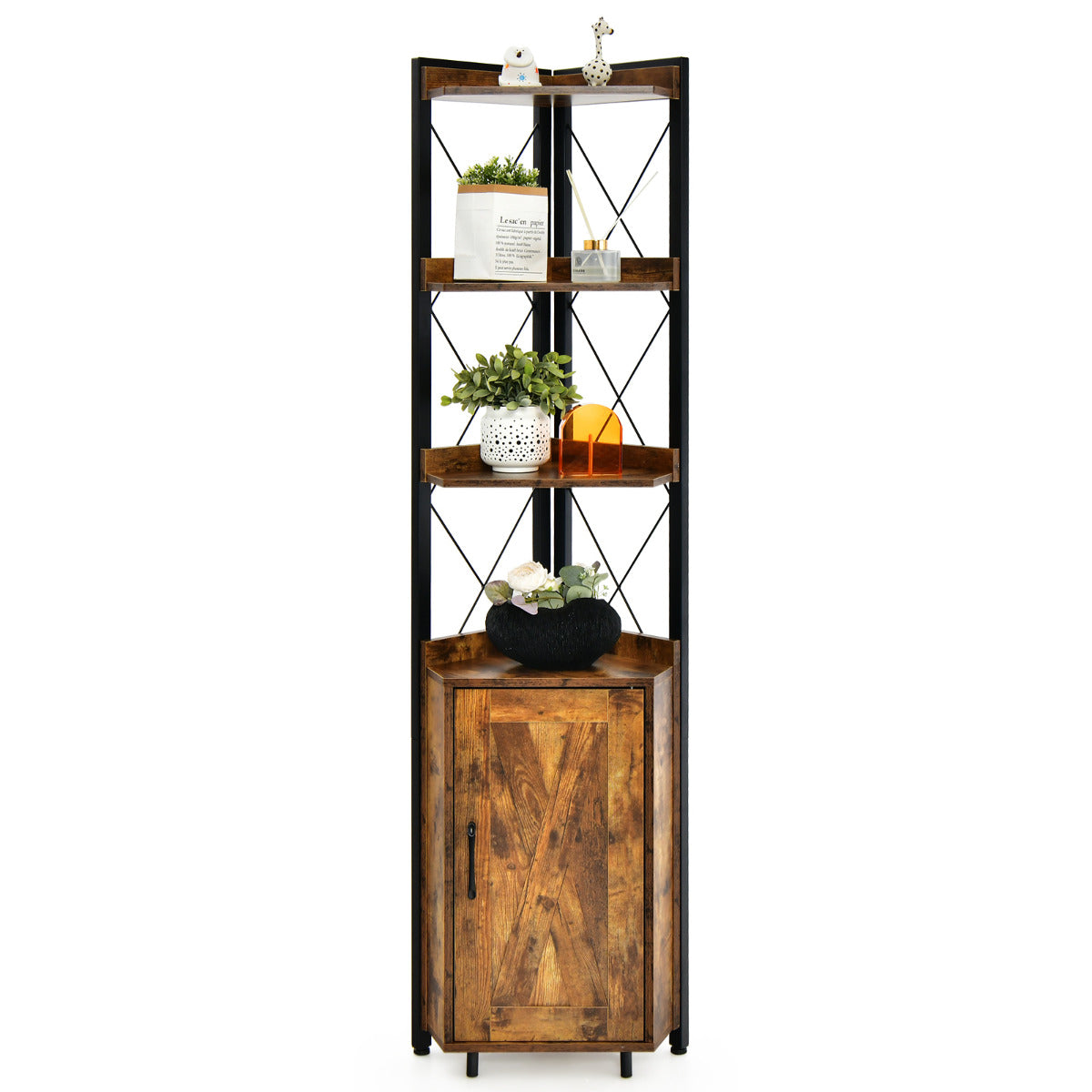 Estantería de Canto 6 Níveis Prateleira Industrial Armário com Porta Prateleiras Abertas Estrutura Metálica para Sala 48 x 32 x 180 cm Castanho