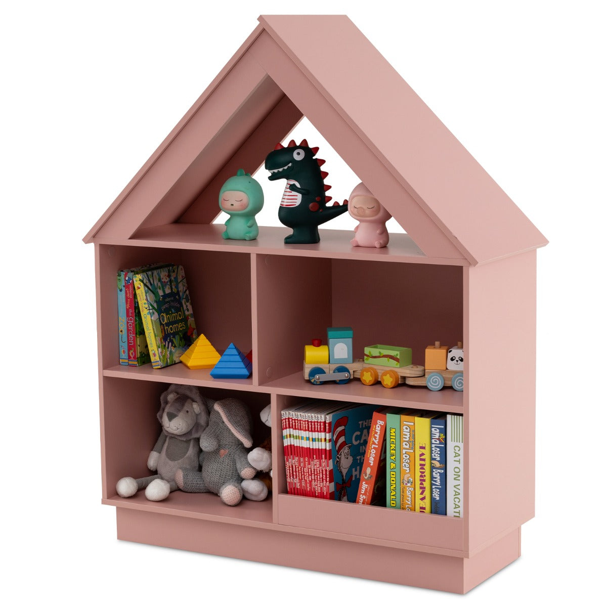 Estante de Madeira em Forma de Casa – 5 Cubículos – Rosa
