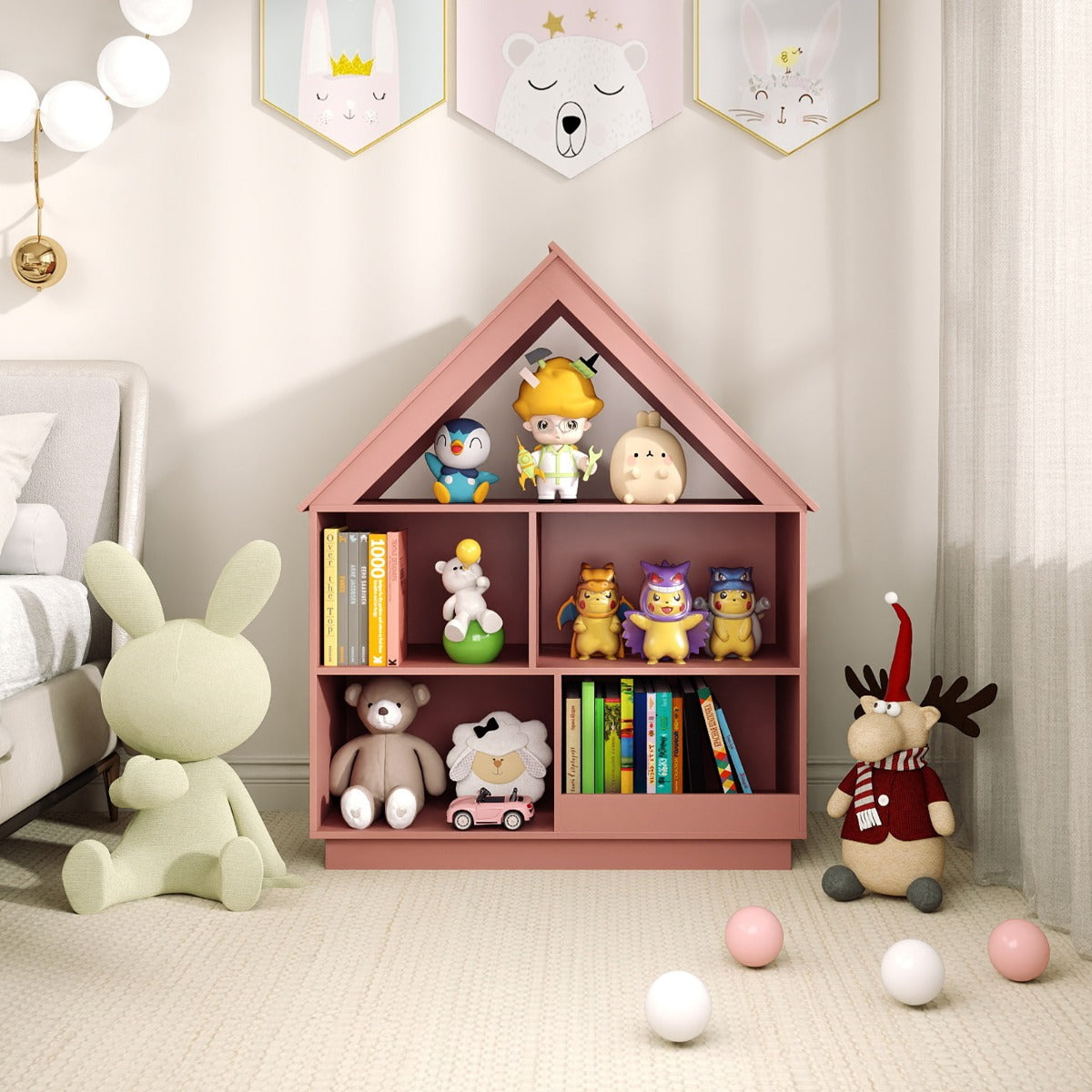 Estante de Madeira em Forma de Casa – 5 Cubículos – Rosa
