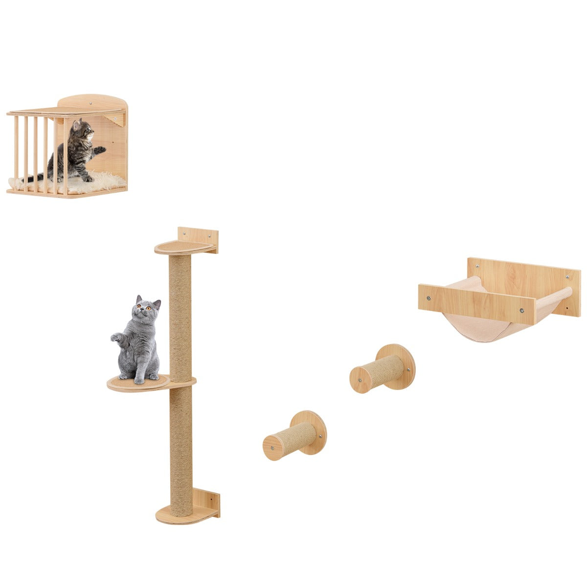 Estantería de Parede para Gatos com Árvore de 3 Níveis, Rede, Poste e Tapetes Arranhadores Naturais