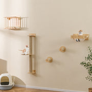 Estantería de Parede para Gatos com Árvore de 3 Níveis, Rede, Poste e Tapetes Arranhadores Naturais
