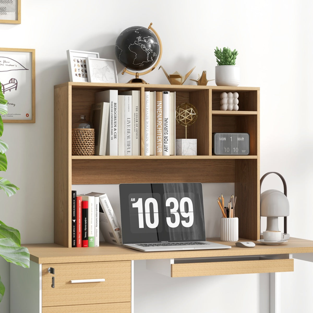 Estantería de Mesa para Computador com 4 Cubos e Compartimento Aberto para Secretária Natural