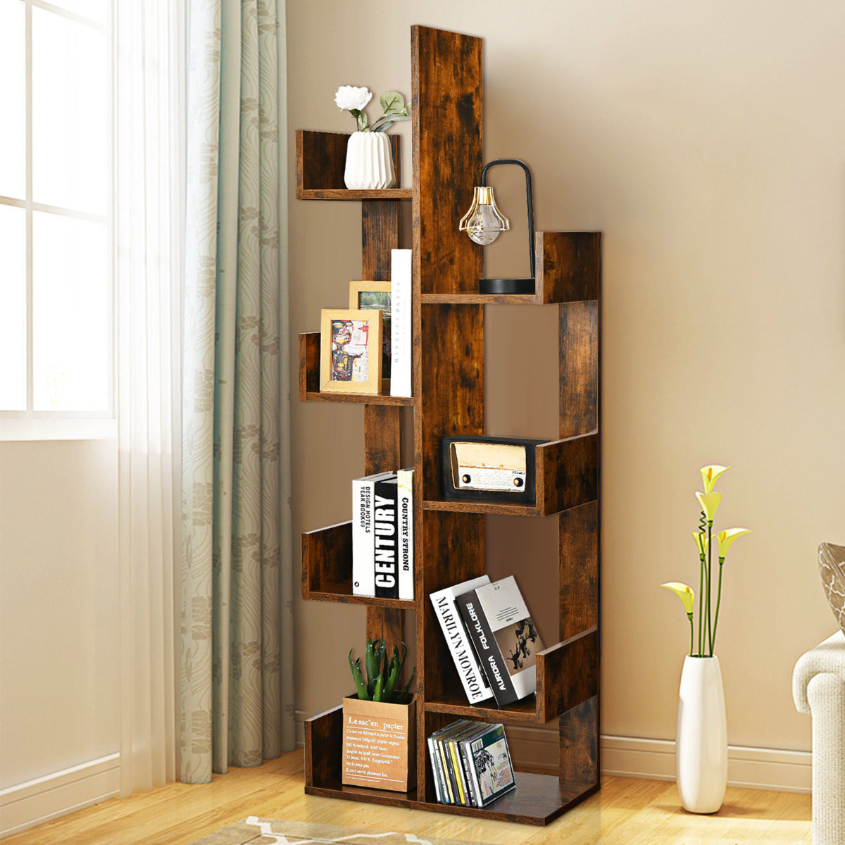 Estante em Forma de Árvore com 8 Prateleiras Dispositivo Antivuelco Livraria Organizadora para Sala Quarto 50 x 25 x 145 cm Café