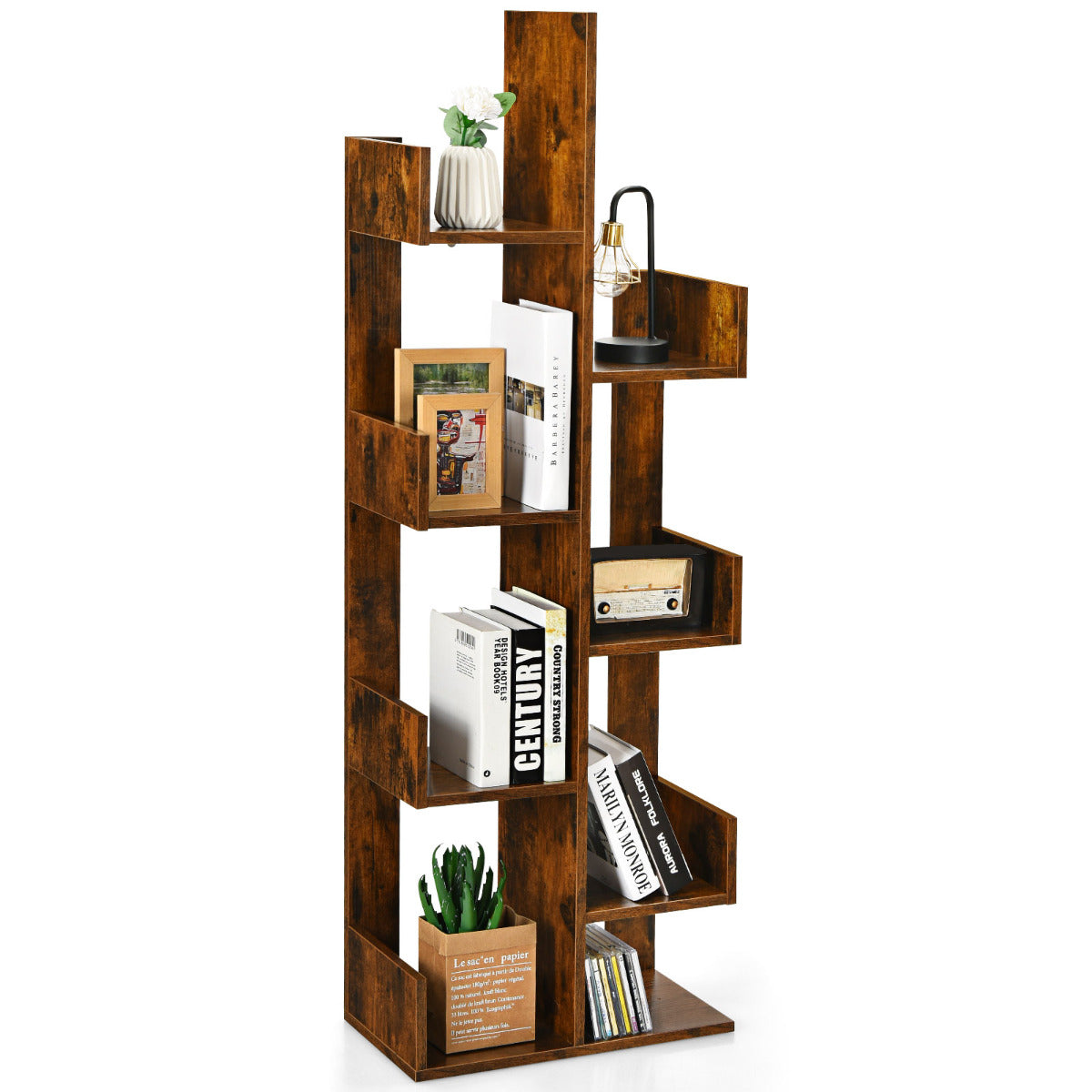 Estante em Forma de Árvore com 8 Prateleiras Dispositivo Antivuelco Livraria Organizadora para Sala Quarto 50 x 25 x 145 cm Café