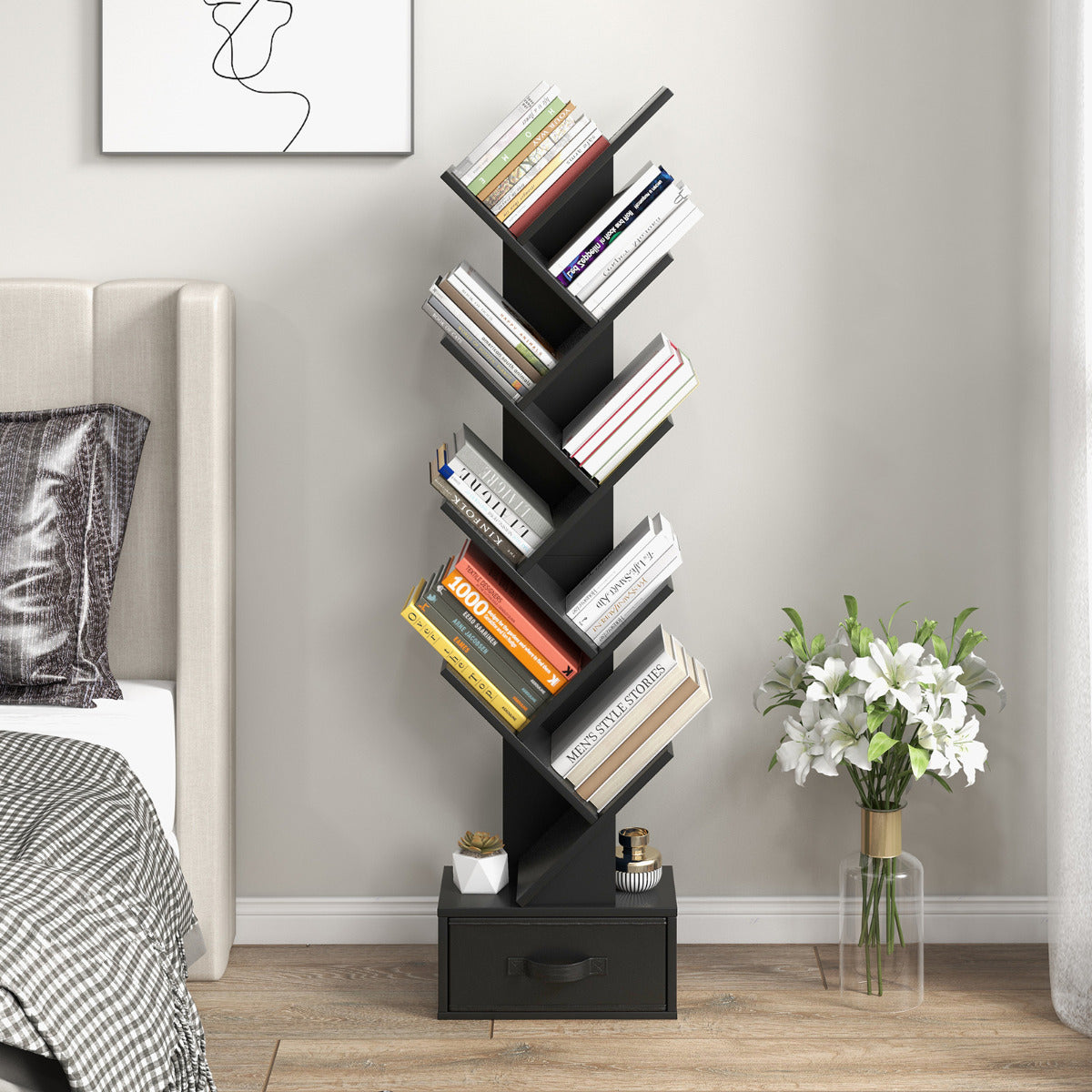 Estantería em Forma de Árvore com 10 Prateleiras e Gaveta Estante de Chão para CDs Livros Estante de Exibição 38 x 21,5 x 149,5 cm Preto