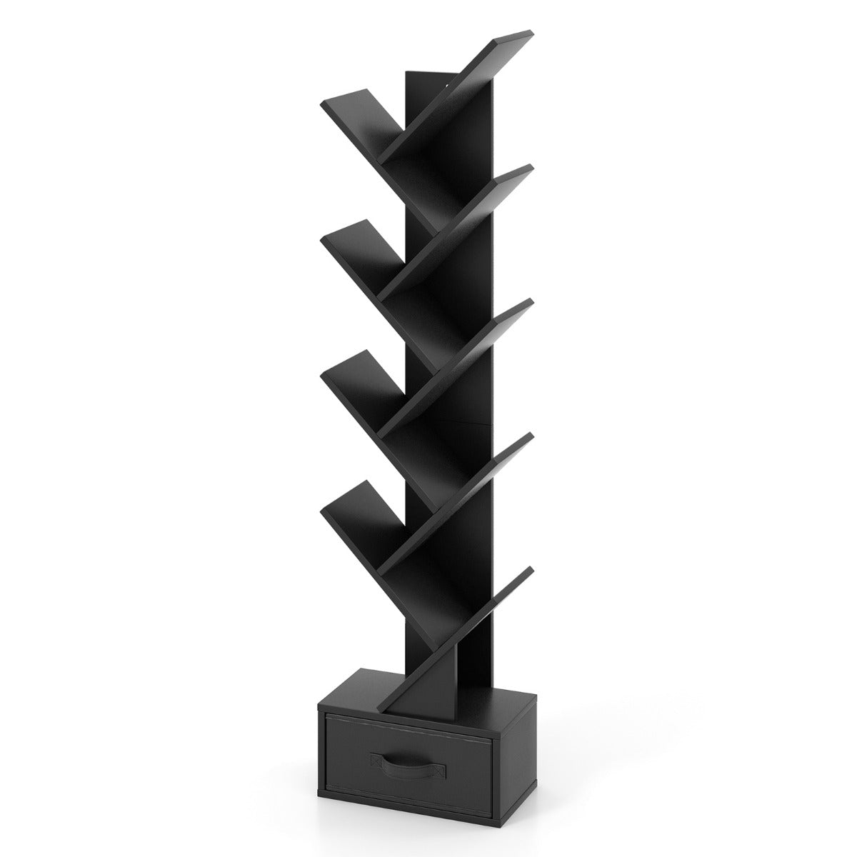 Estantería em Forma de Árvore com 10 Prateleiras e Gaveta Estante de Chão para CDs Livros Estante de Exibição 38 x 21,5 x 149,5 cm Preto