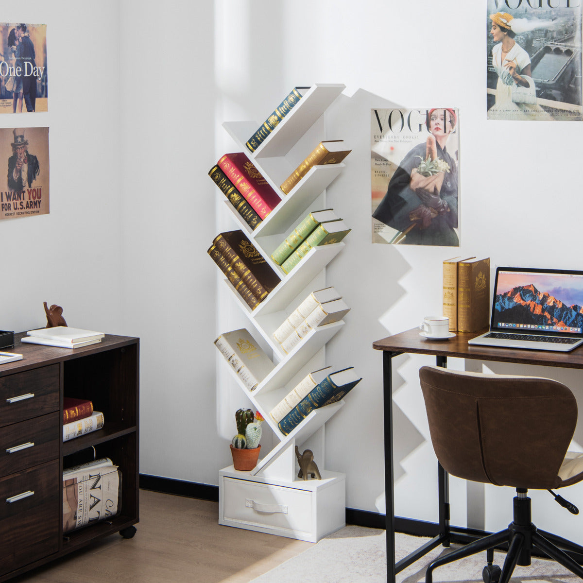 Estantería em Forma de Árvore de 10 Estantes com Gaveta Estante de Chão para CDs Livros Estante de Exibição 38 x 21,5 x 149,5 cm Branco