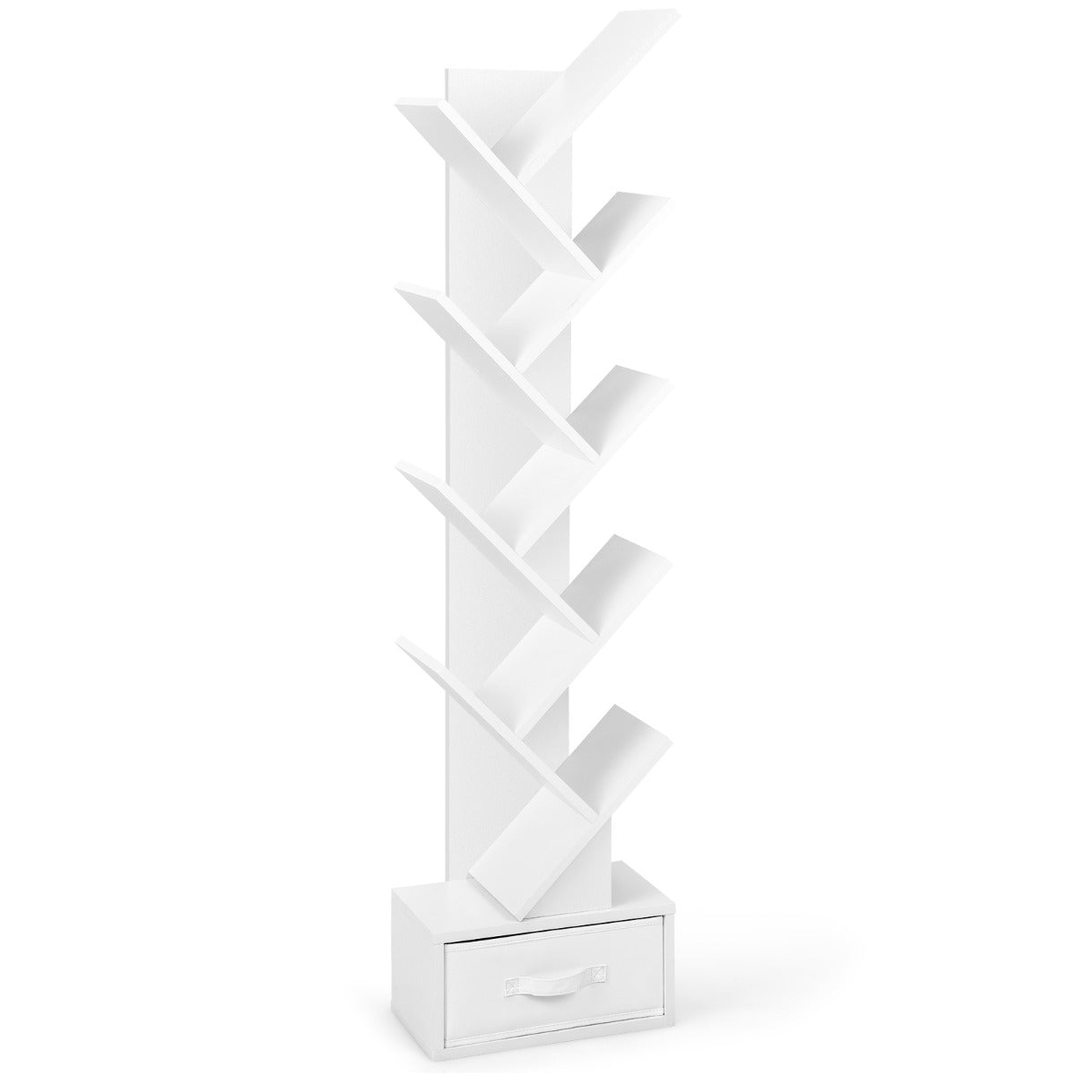 Estantería em Forma de Árvore de 10 Estantes com Gaveta Estante de Chão para CDs Livros Estante de Exibição 38 x 21,5 x 149,5 cm Branco