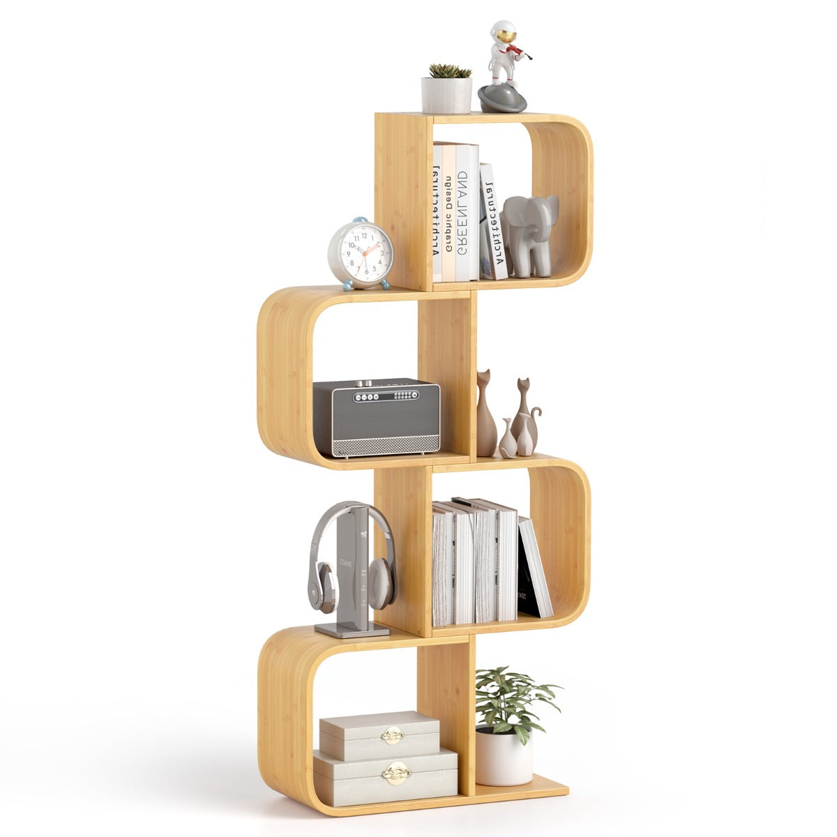 Estantería em Bambu em Forma de S de 4 Níveis com 4 Cubos Abertos para Esquina - Natural