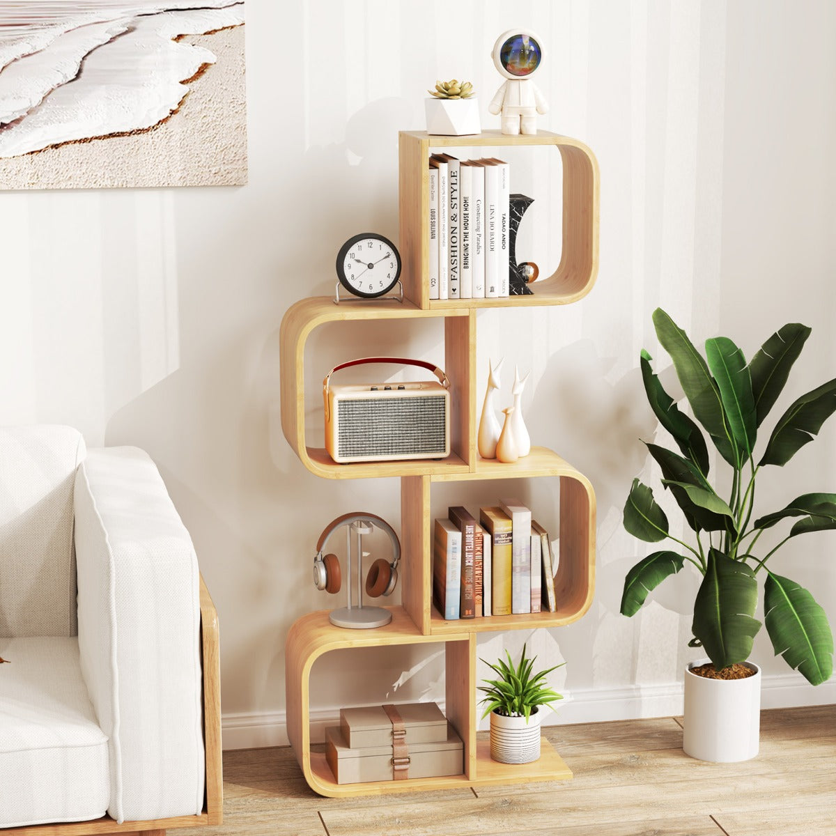 Estantería em Bambu em Forma de S de 4 Níveis com 4 Cubos Abertos para Esquina - Natural