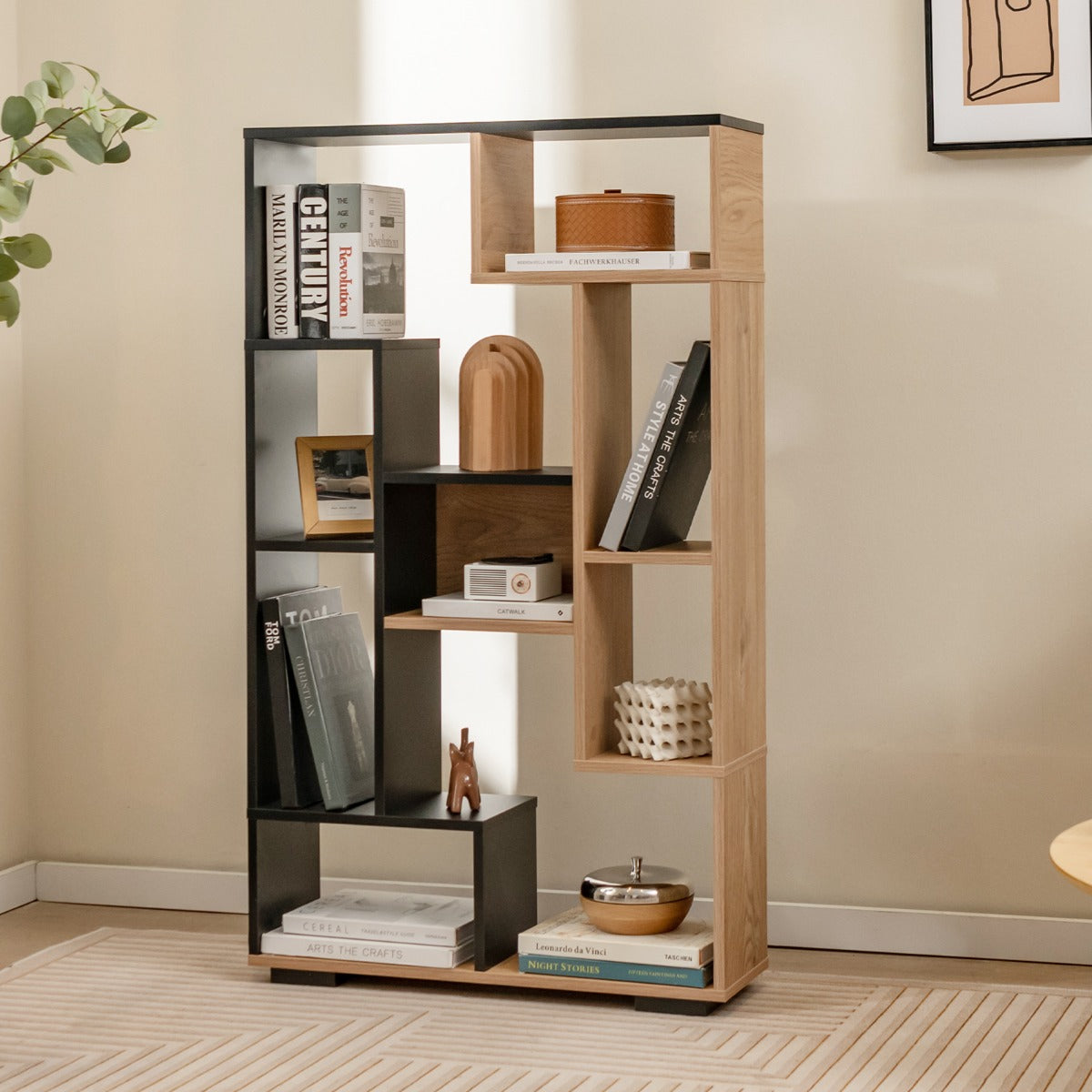 Estantería Geométrica Moderna de Madeira com Estantes Abertos - Kits antivuelco para Sala de Estar, Escritório ou Casa 70 x 20 x 120 cm Natural