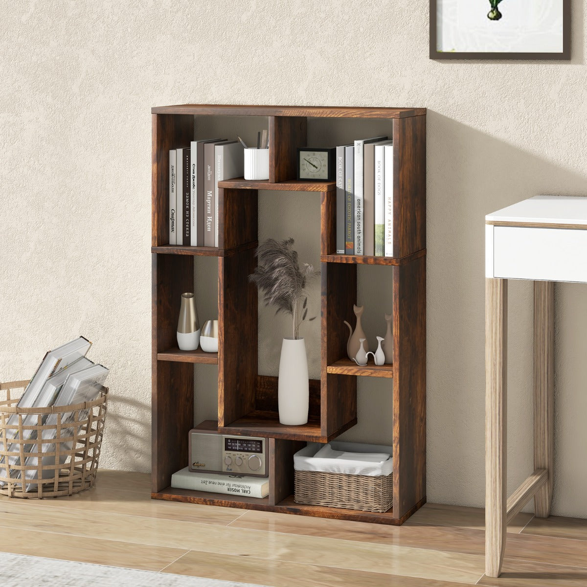 Estante Geométrica de 7 Cubos Decorativa para Canto com Dispositivo Antiqueda 60 x 20 x 90 cm Castanho