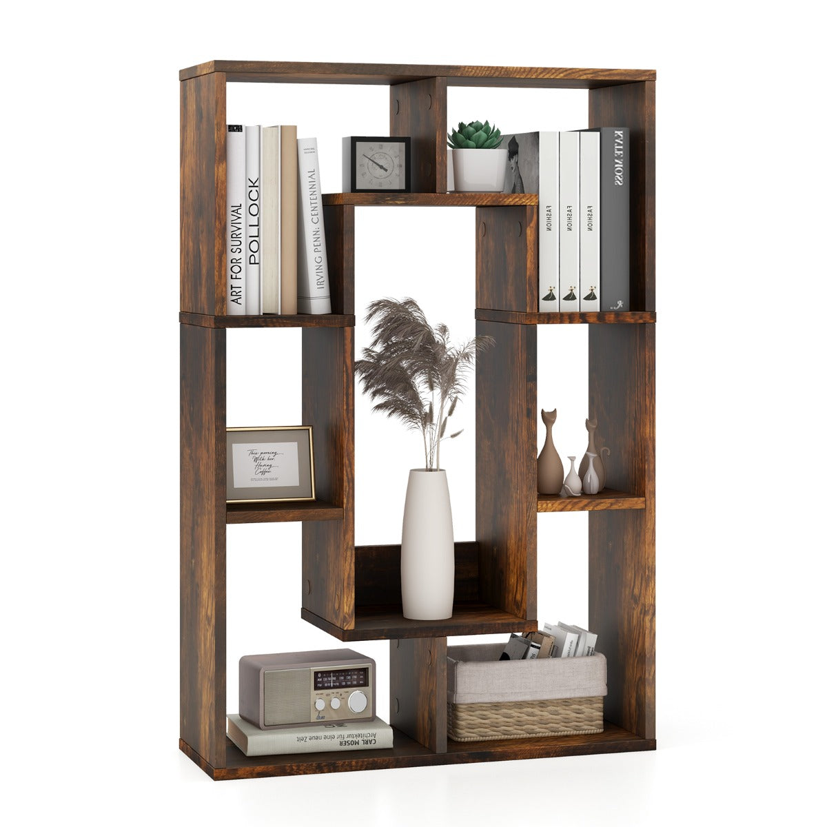 Estante Geométrica de 7 Cubos Decorativa para Canto com Dispositivo Antiqueda 60 x 20 x 90 cm Castanho