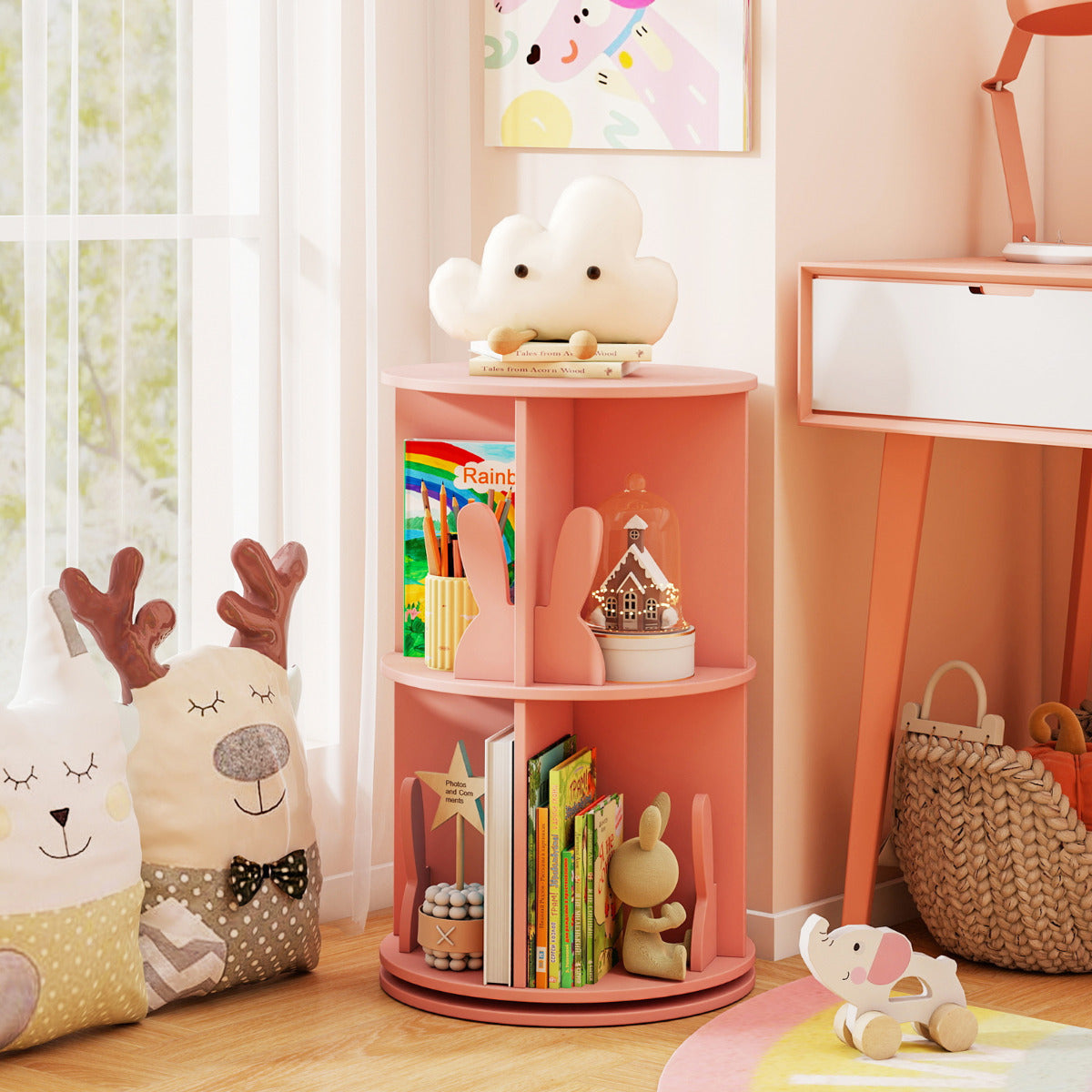 Estante Giratória para Crianças Estante Infantil com 2 Níveis e Separadores com Forma de Coelho 40 x 65 cm Rosa