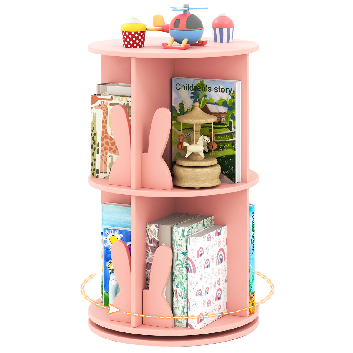 Estante Giratória para Crianças Estante Infantil com 2 Níveis e Separadores com Forma de Coelho 40 x 65 cm Rosa