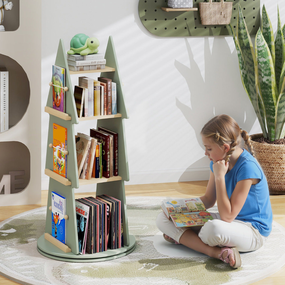 Estante Giratória para Livros Infantil em Forma de Árvore Ø48 x 102 cm - Verde