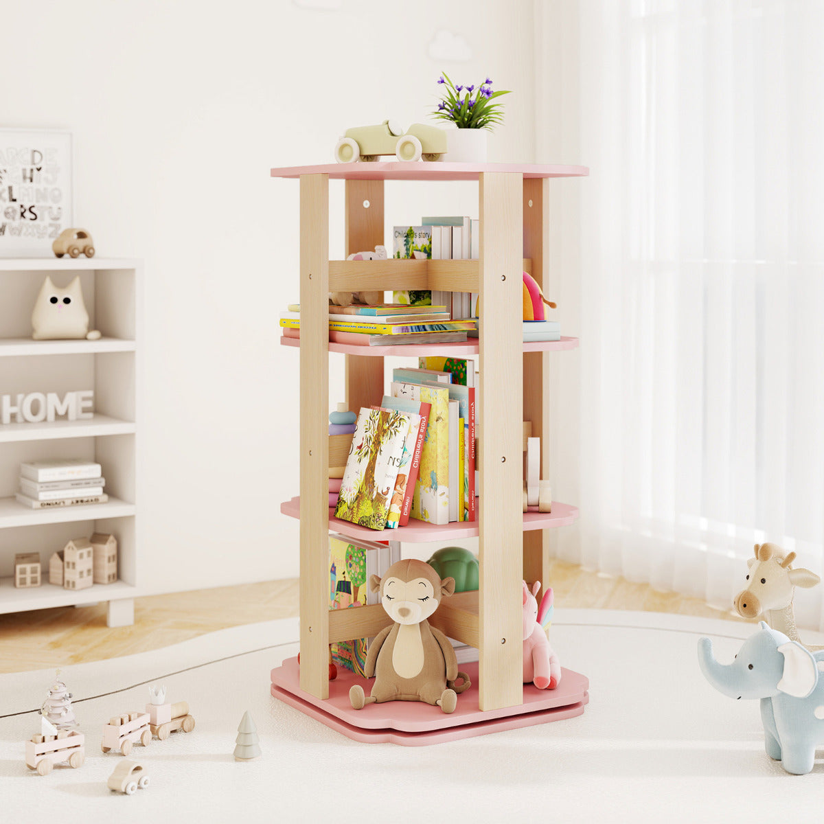 Estante Giratória para Crianças 360° de 3 Níveis com 12 Compartimentos 48 x 48 x 95,5 cm Rosa