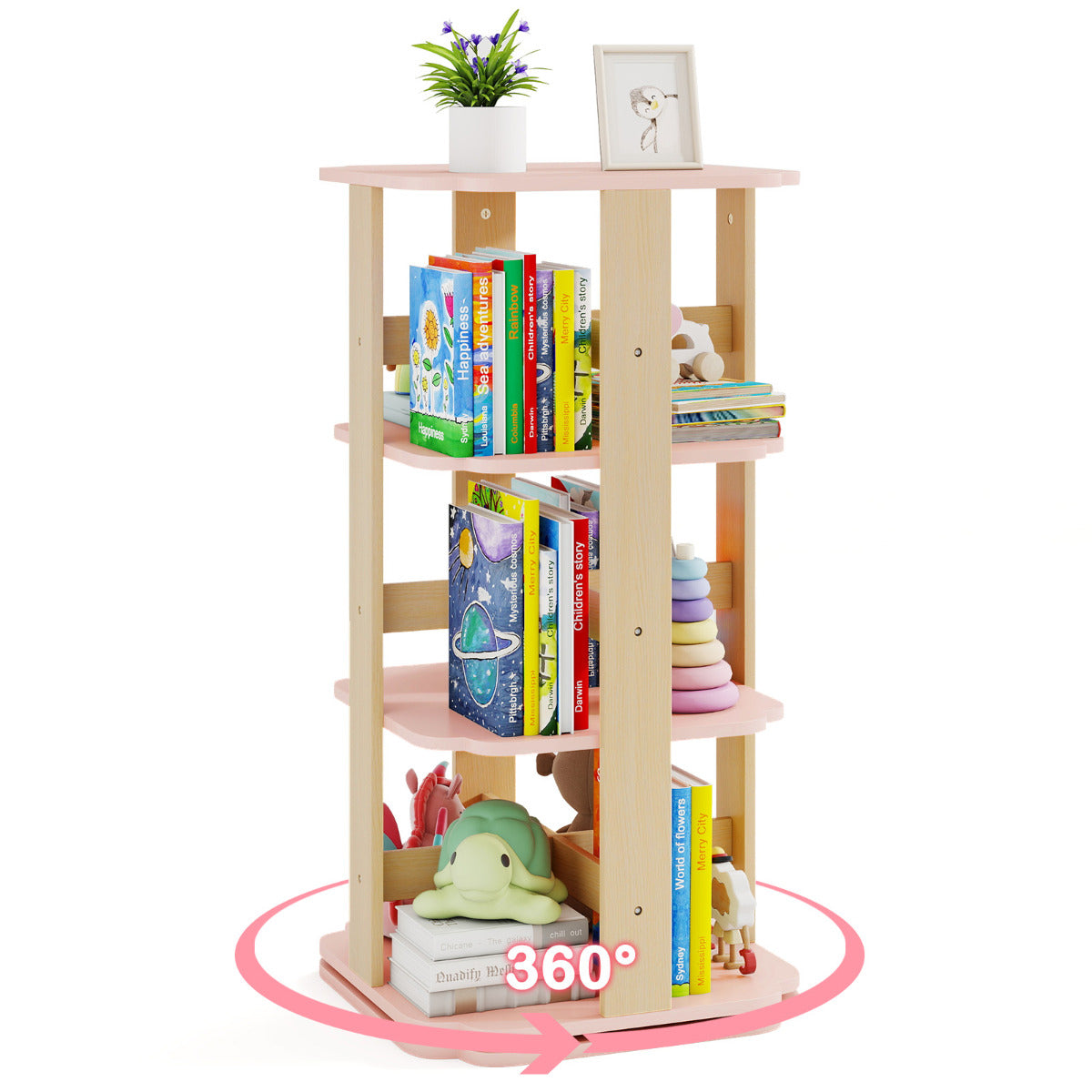 Estante Giratória para Crianças 360° de 3 Níveis com 12 Compartimentos 48 x 48 x 95,5 cm Rosa