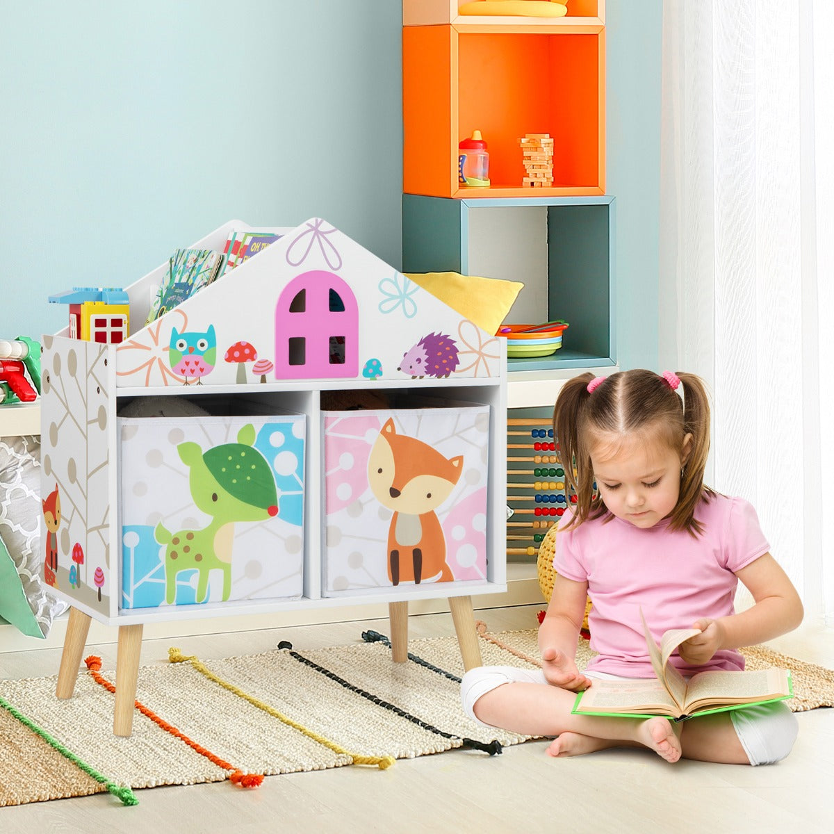 Estante Infantil de Madeira – com Organizador e 2 Recipientes de Armazenamento – Branco