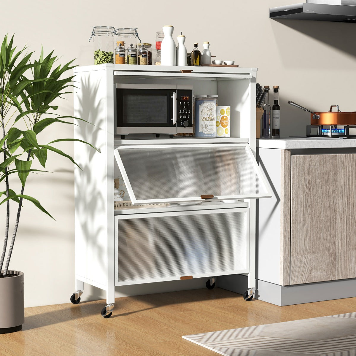 Estantería de Cozinha de 4 Níveis com Portas Abatíveis Suporte de Micro-ondas Metálico com Rodas Universais Bloqueáveis Branco