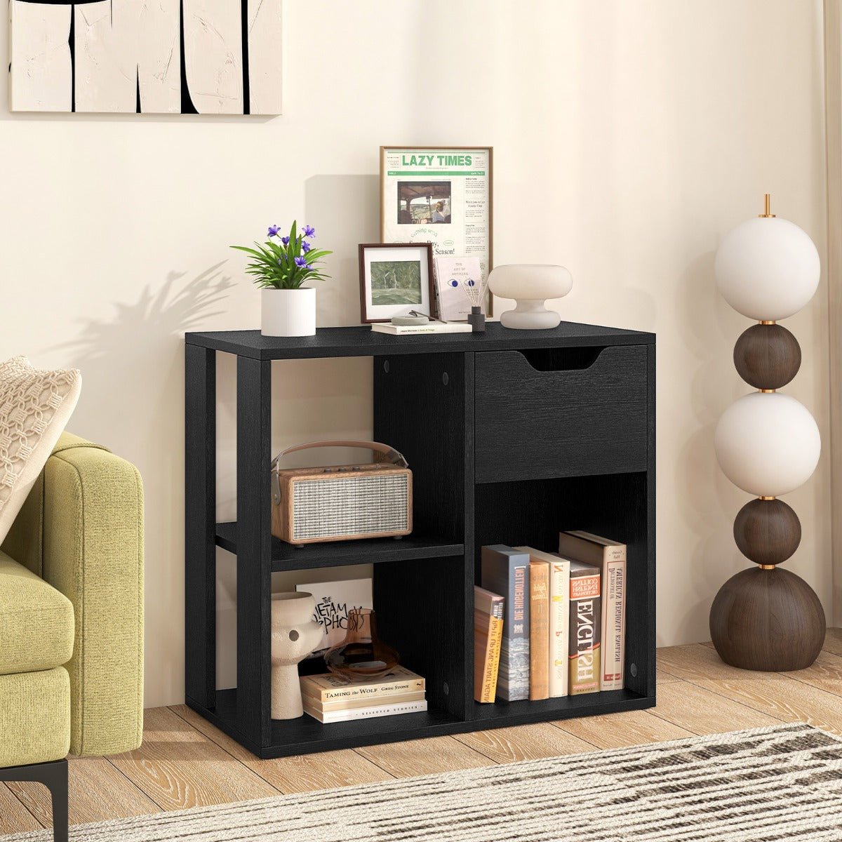 Estantería de 3 Cubos com Gaveta - Estante Moderno para Sala de Estar ou Quarto 60 x 30 x 53 cm Preto