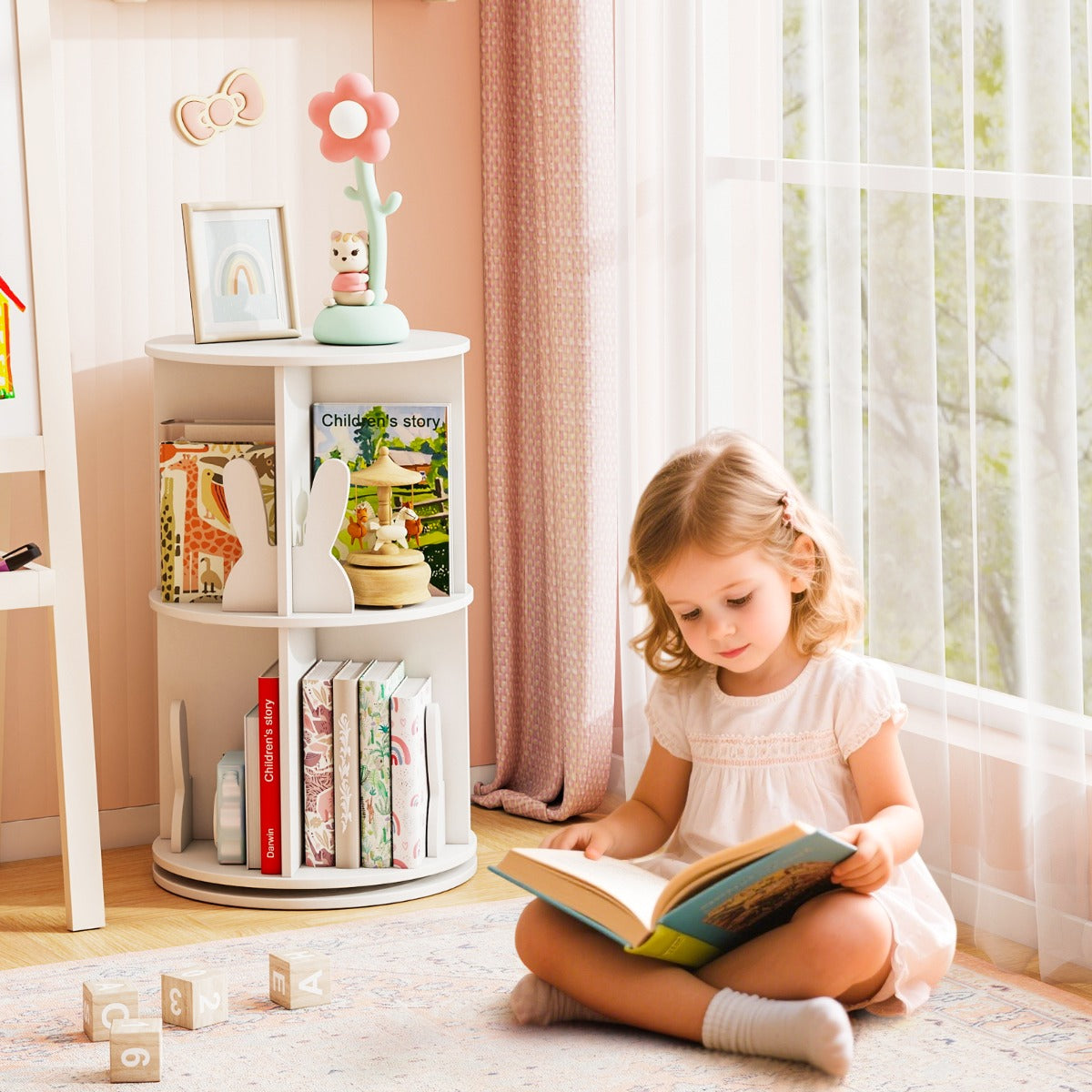 Estantería Giratoria para Crianças Estantería Infantil com 2 Níveis e Separadores de Coelhos 360 Graus 40 x 65 cm Branco
