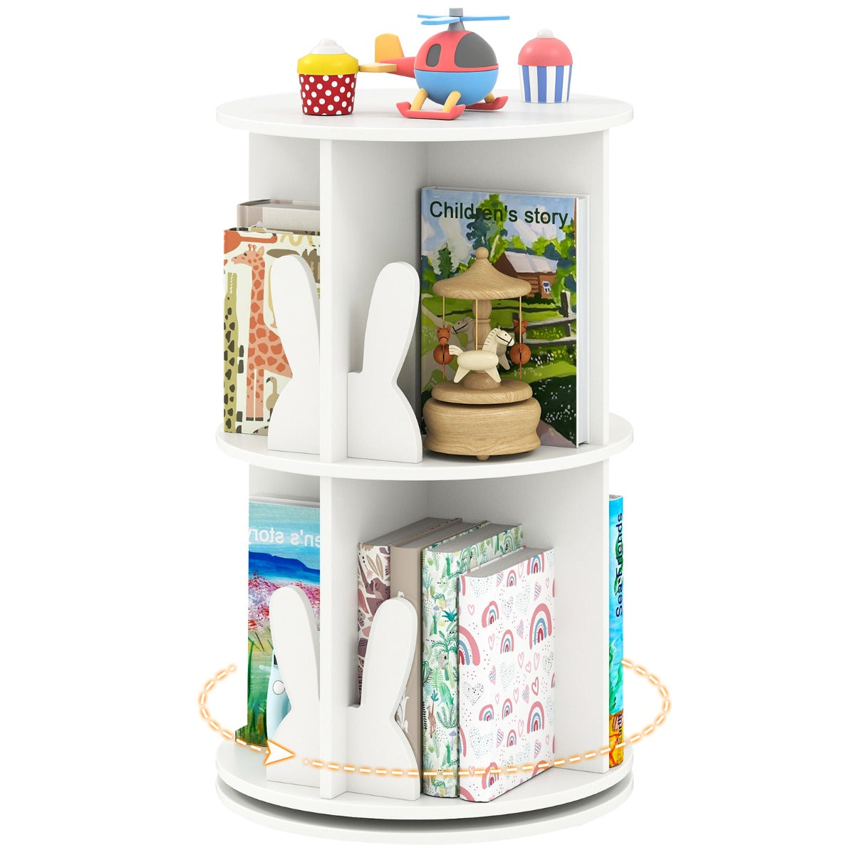 Estantería Giratoria para Crianças Estantería Infantil com 2 Níveis e Separadores de Coelhos 360 Graus 40 x 65 cm Branco